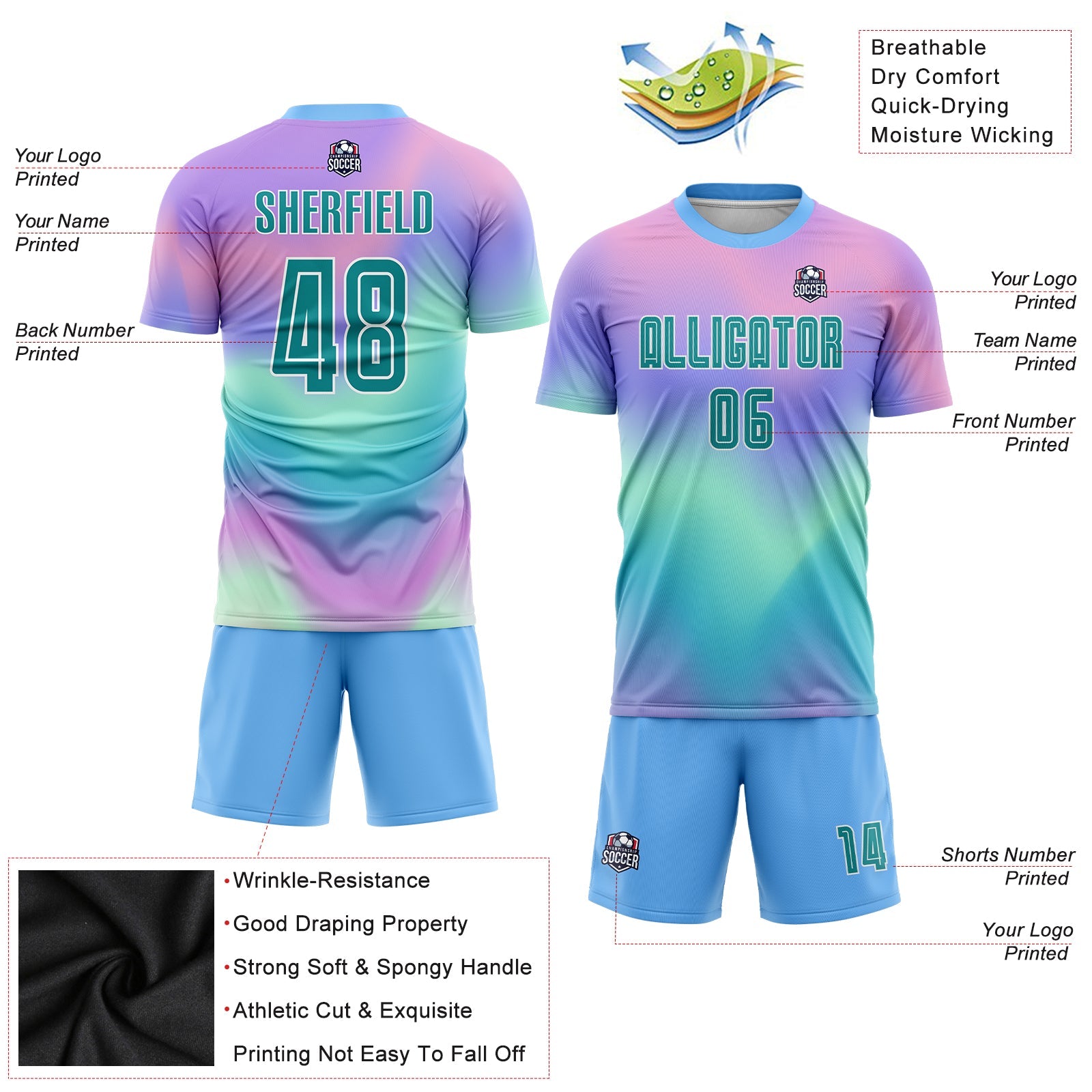 Custom Tie Dye Teal-White Sublimation Soccer Uniform Jersey view 5