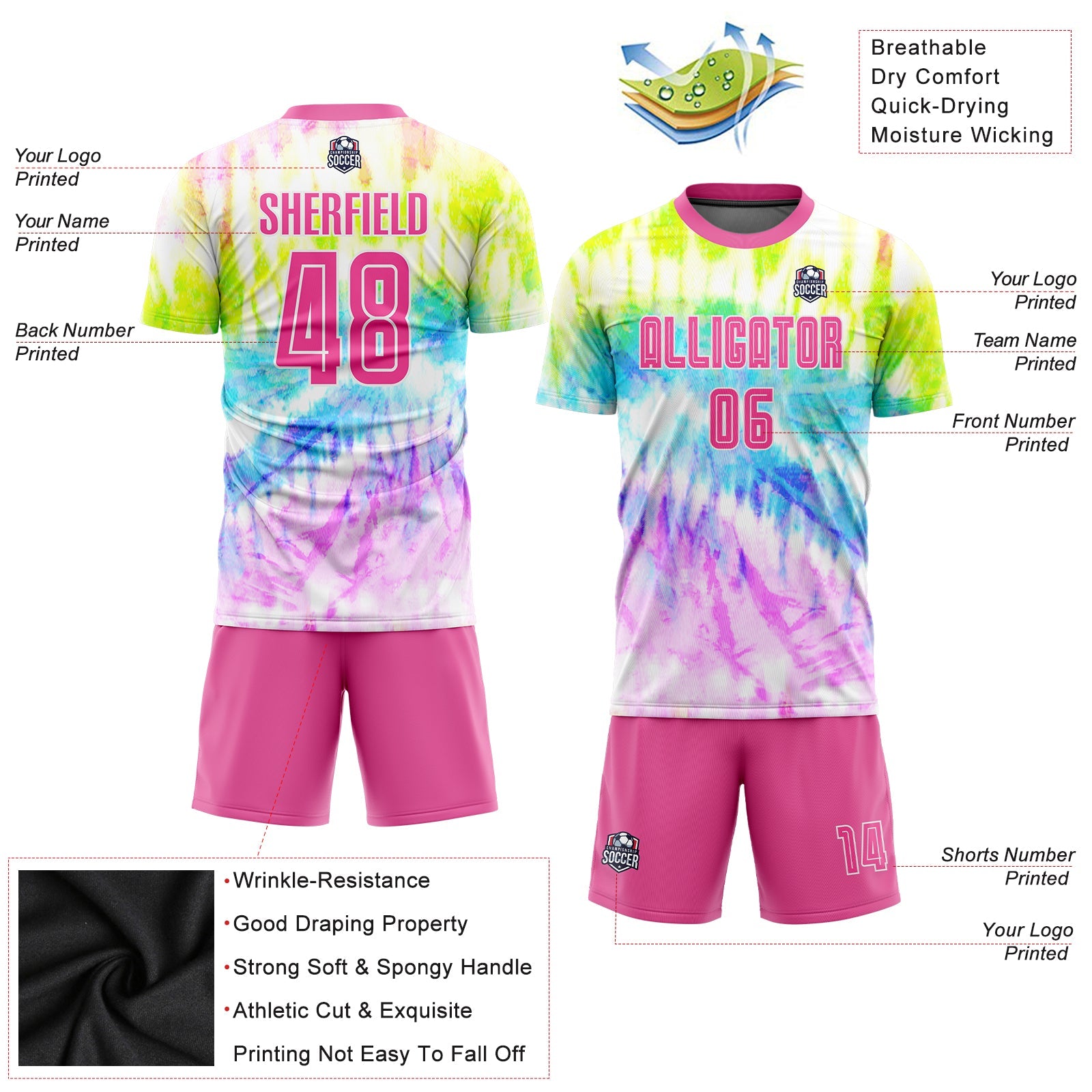 Custom Tie Dye Pink-White Sublimation Soccer Uniform Jersey view 5