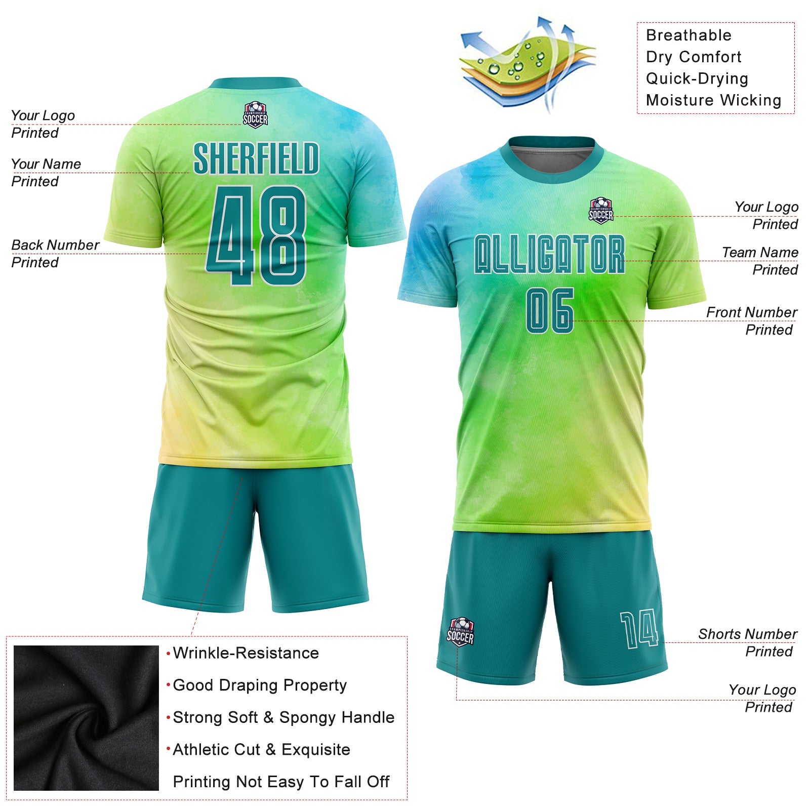 Custom Tie Dye Teal-White Sublimation Soccer Uniform Jersey view 3