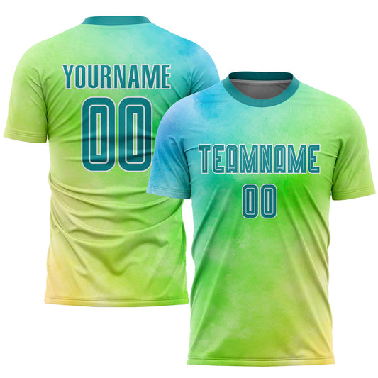 Custom Tie Dye Teal-White Sublimation Soccer Uniform Jersey - Main View