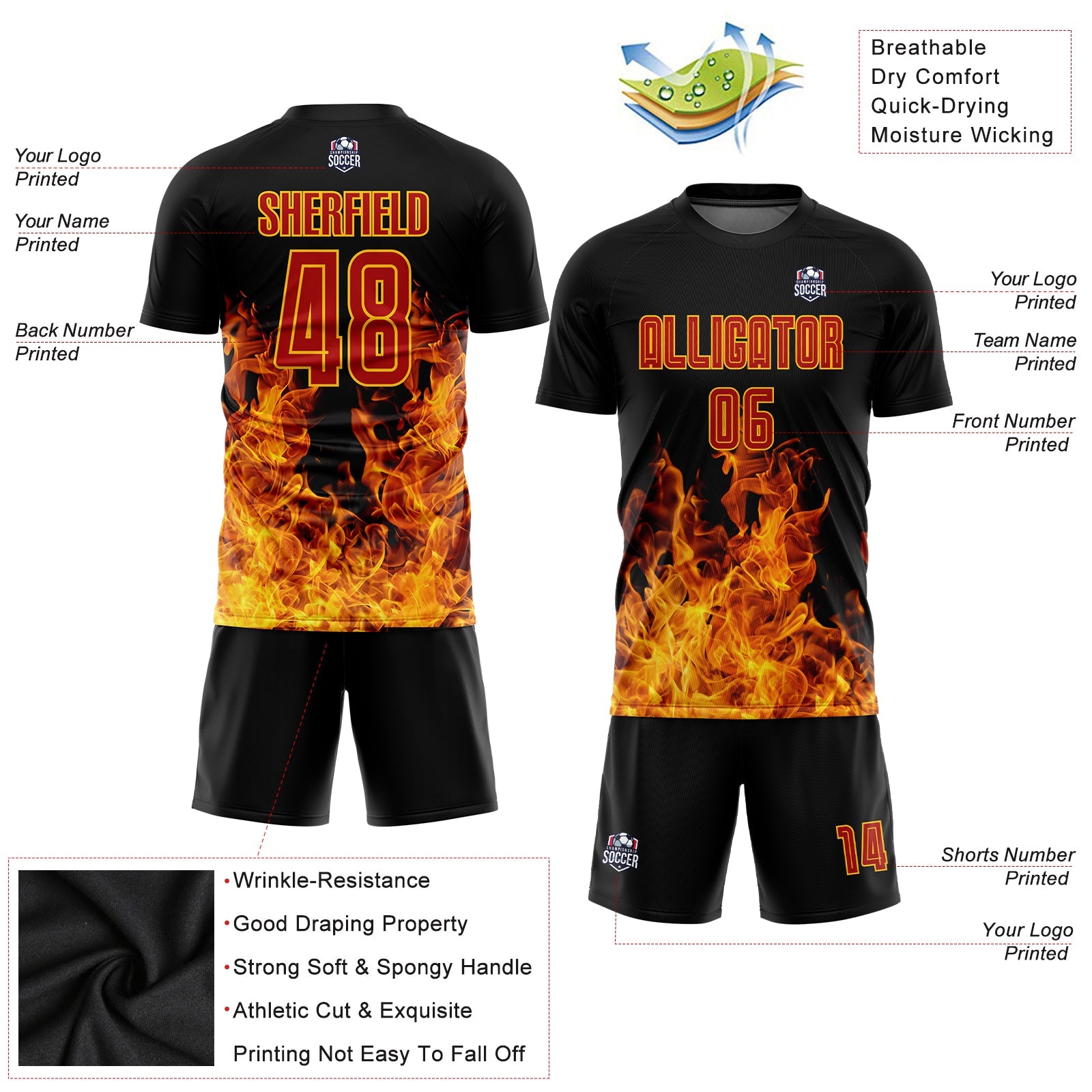 Custom Black Red-Gold Flame Sublimation Soccer Uniform Jersey view 5