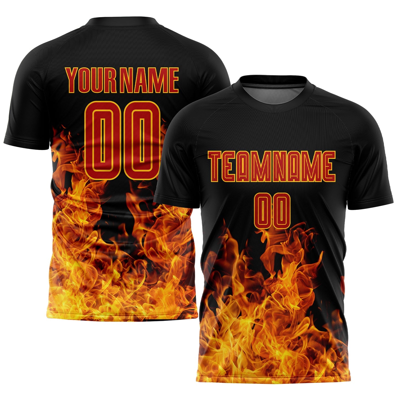 Custom Black Red-Gold Flame Sublimation Soccer Uniform Jersey - Main View