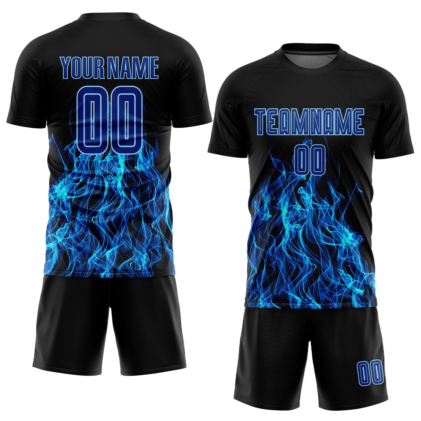Custom Black Royal-Light Blue Flame Sublimation Soccer Uniform Jersey view 2