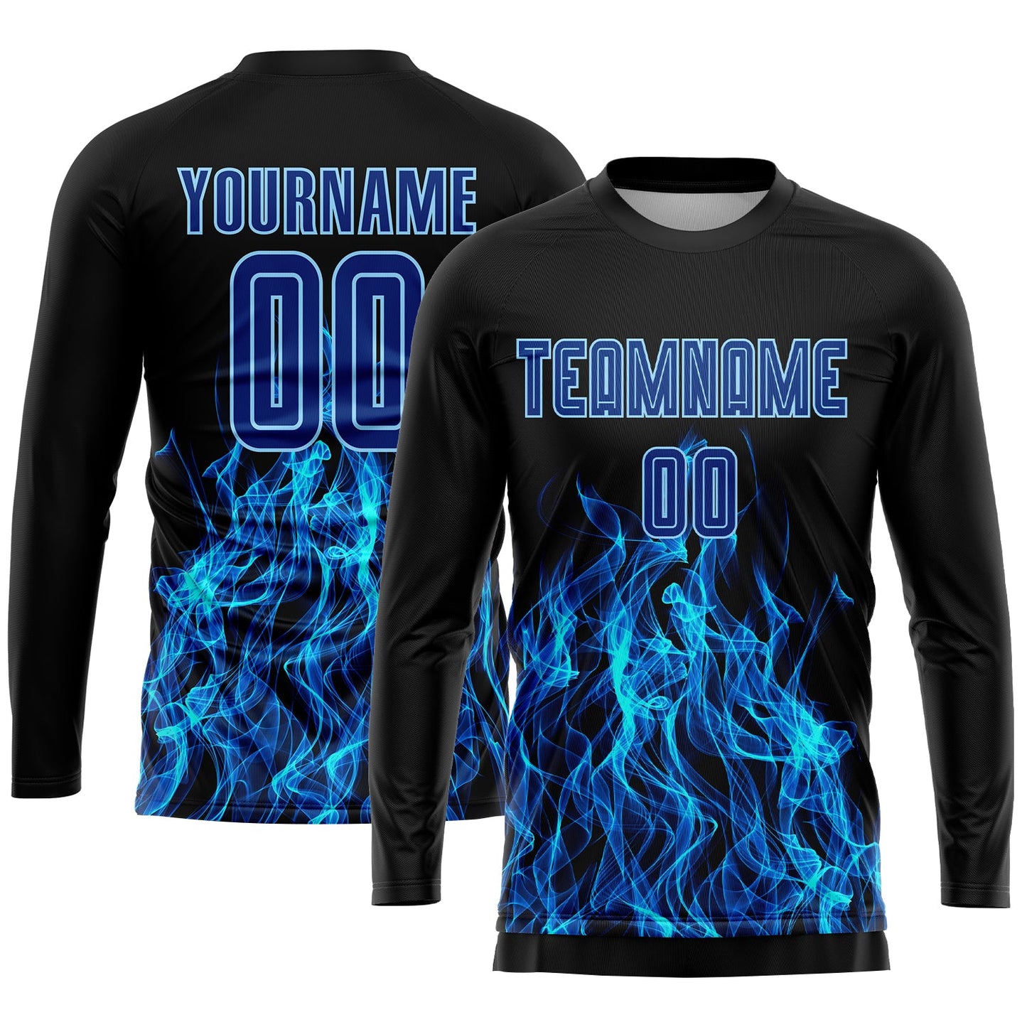 Custom Black Royal-Light Blue Flame Sublimation Soccer Uniform Jersey view 3