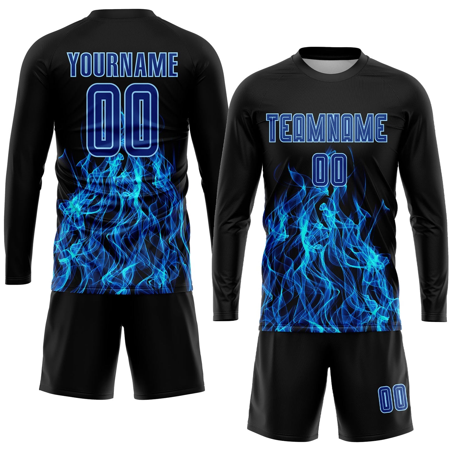 Custom Black Royal-Light Blue Flame Sublimation Soccer Uniform Jersey view 4