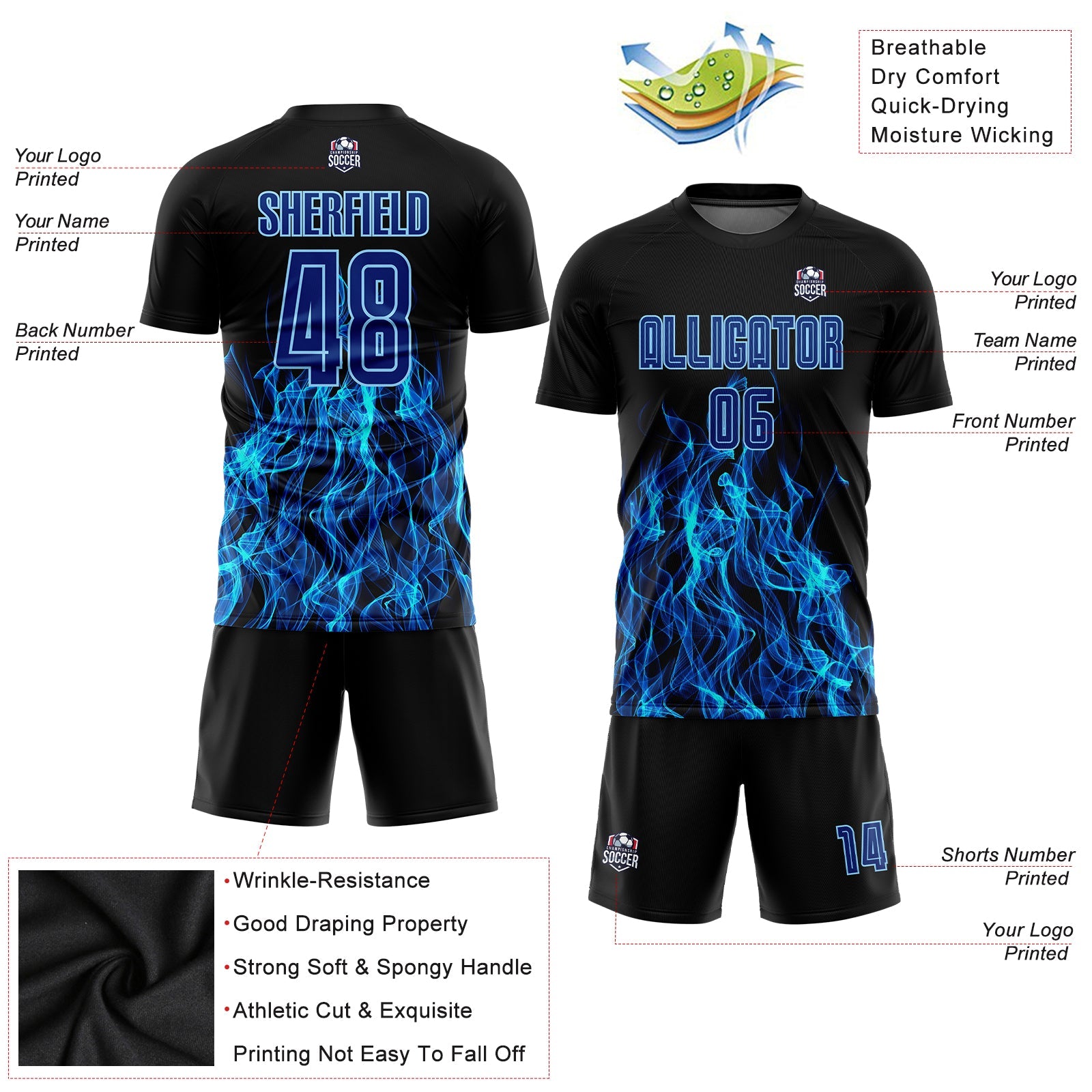 Custom Black Royal-Light Blue Flame Sublimation Soccer Uniform Jersey view 5