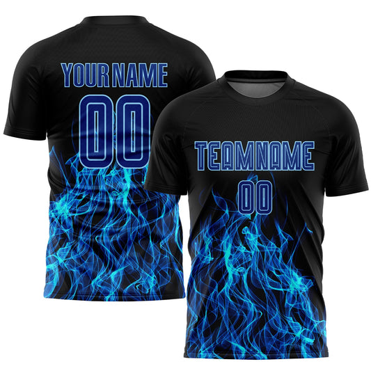 Custom Black Royal-Light Blue Flame Sublimation Soccer Uniform Jersey - Main View