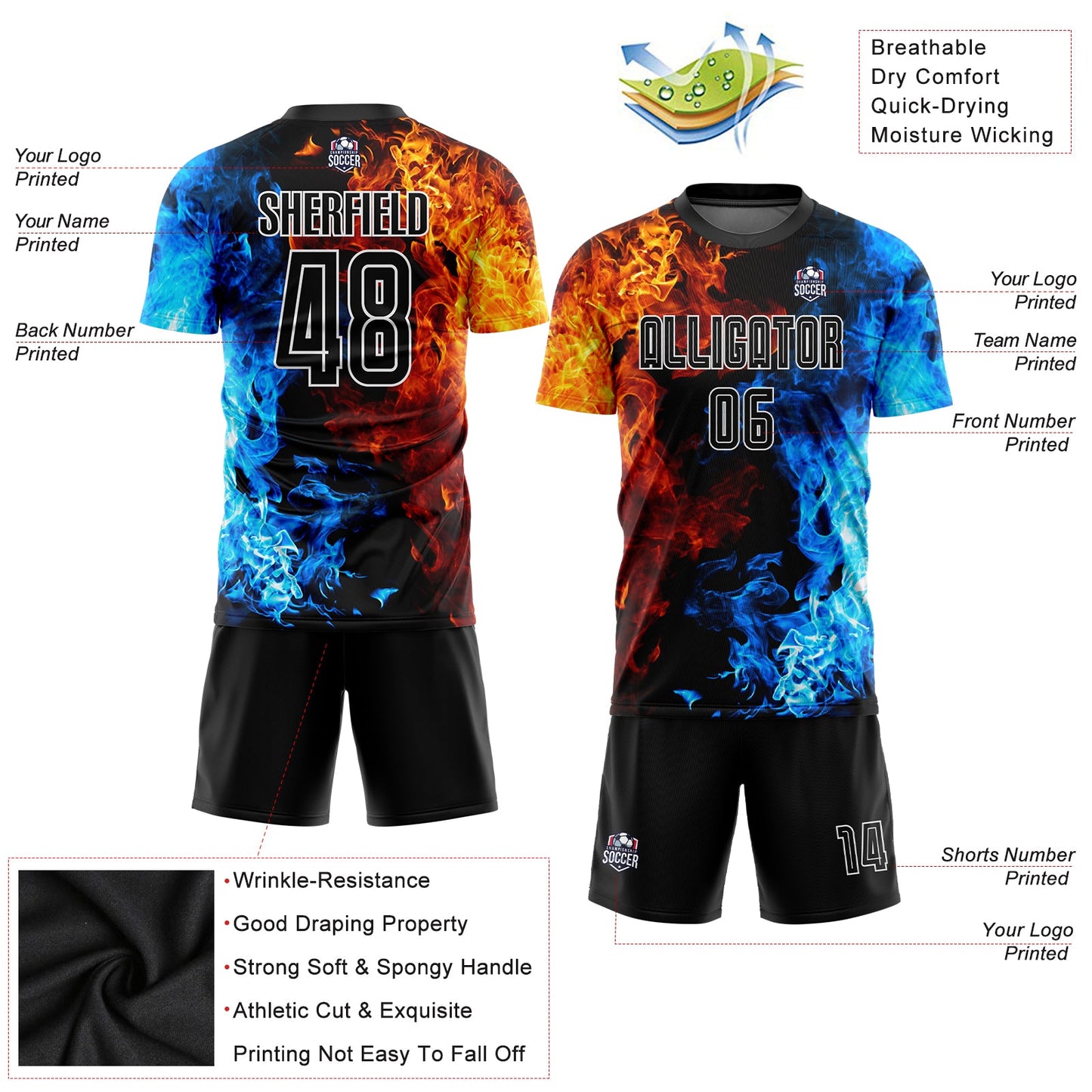 Custom Figure Black-White Flame Sublimation Soccer Uniform Jersey view 5