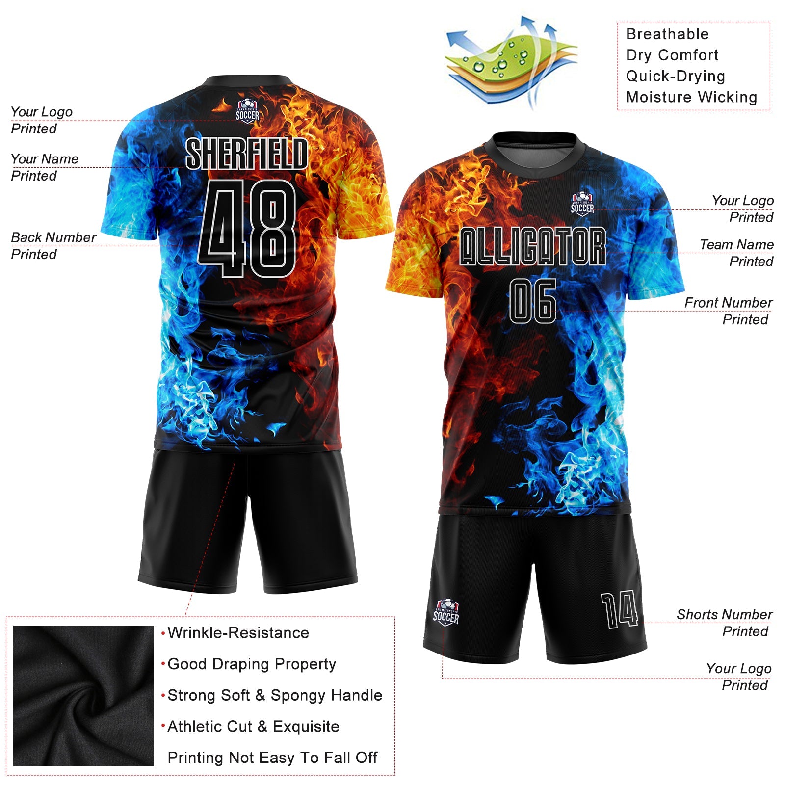 Custom Figure Black-White Flame Sublimation Soccer Uniform Jersey view 5