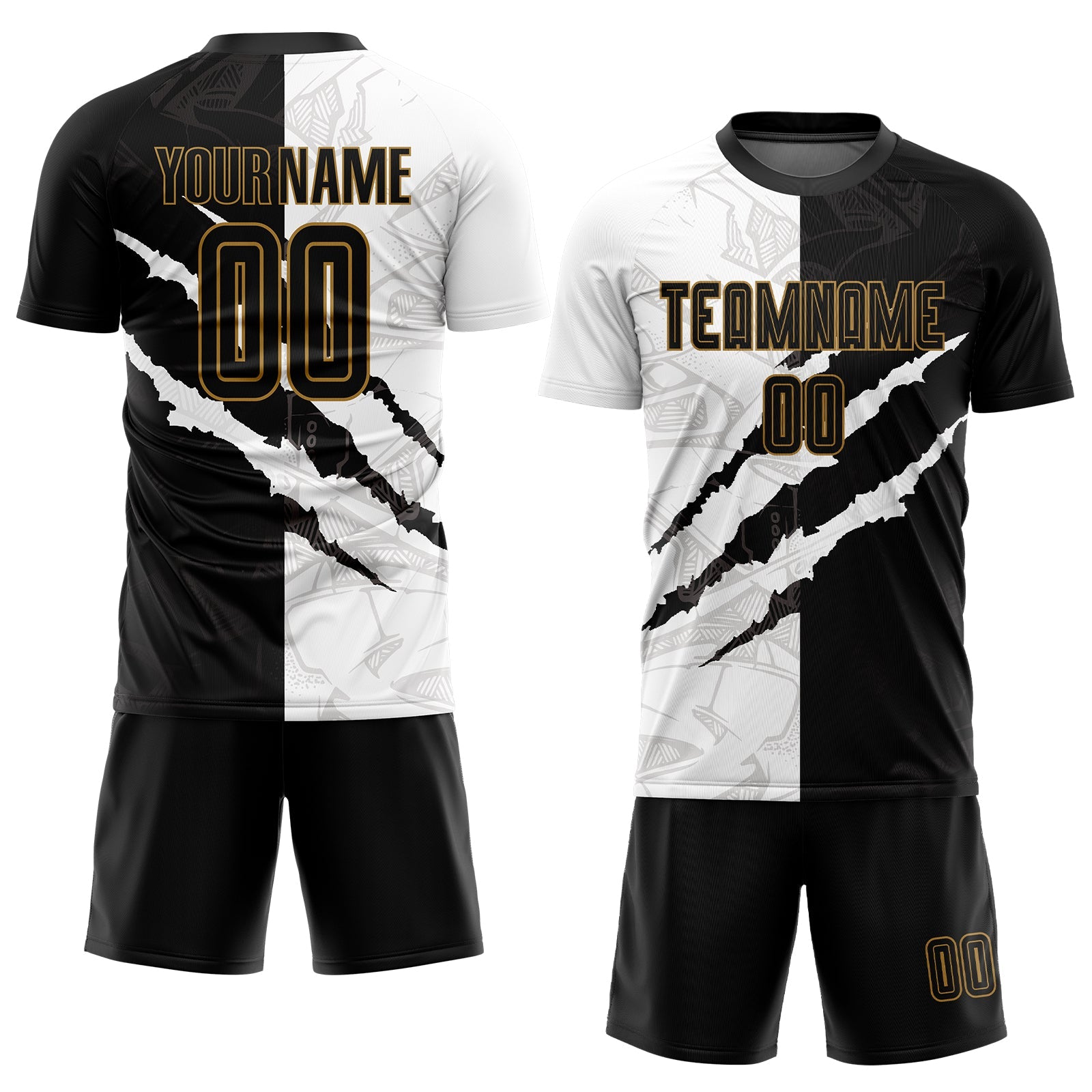 Custom Graffiti Pattern Black-Old Gold Scratch Sublimation Soccer Uniform Jersey view 2