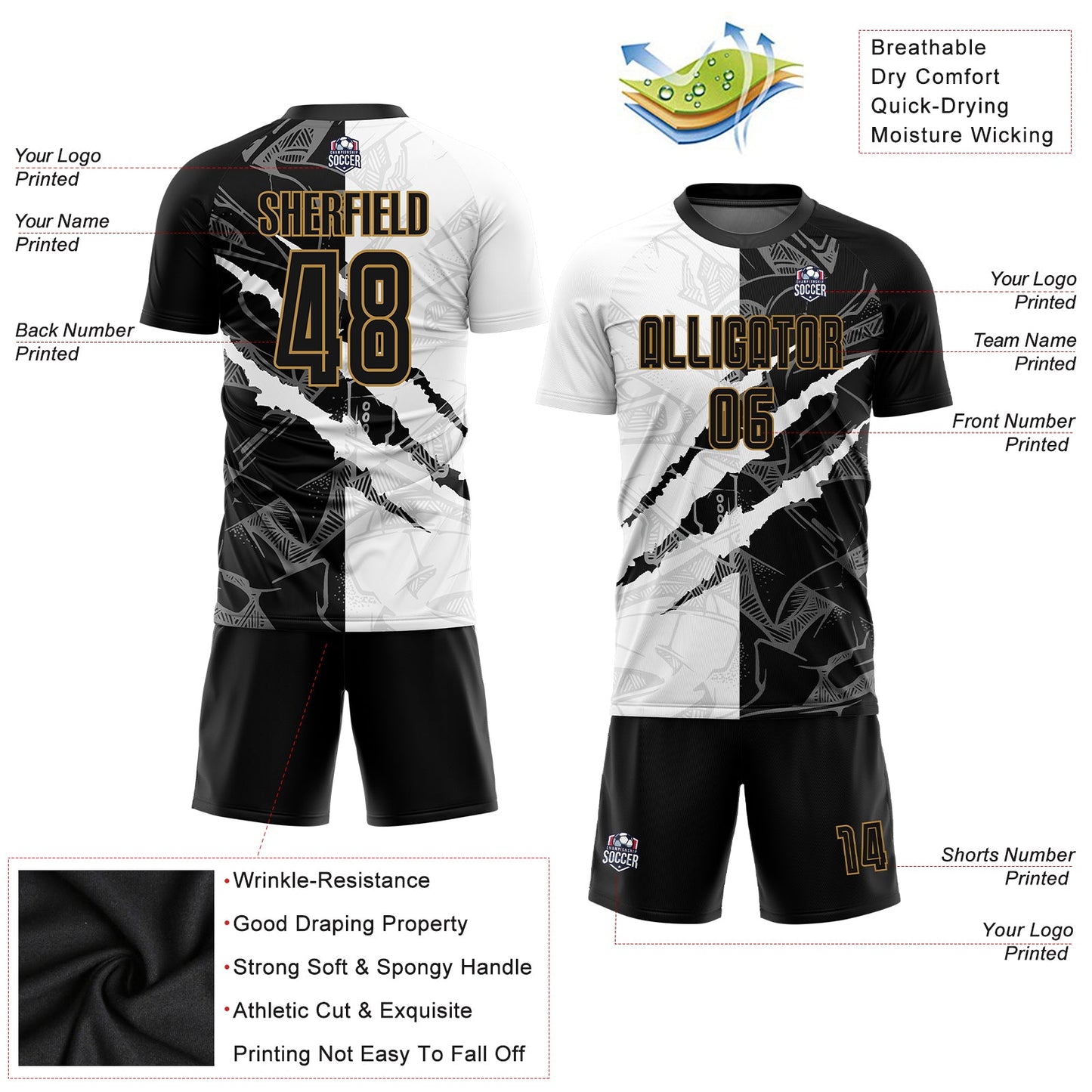 Custom Graffiti Pattern Black-Old Gold Scratch Sublimation Soccer Uniform Jersey view 6