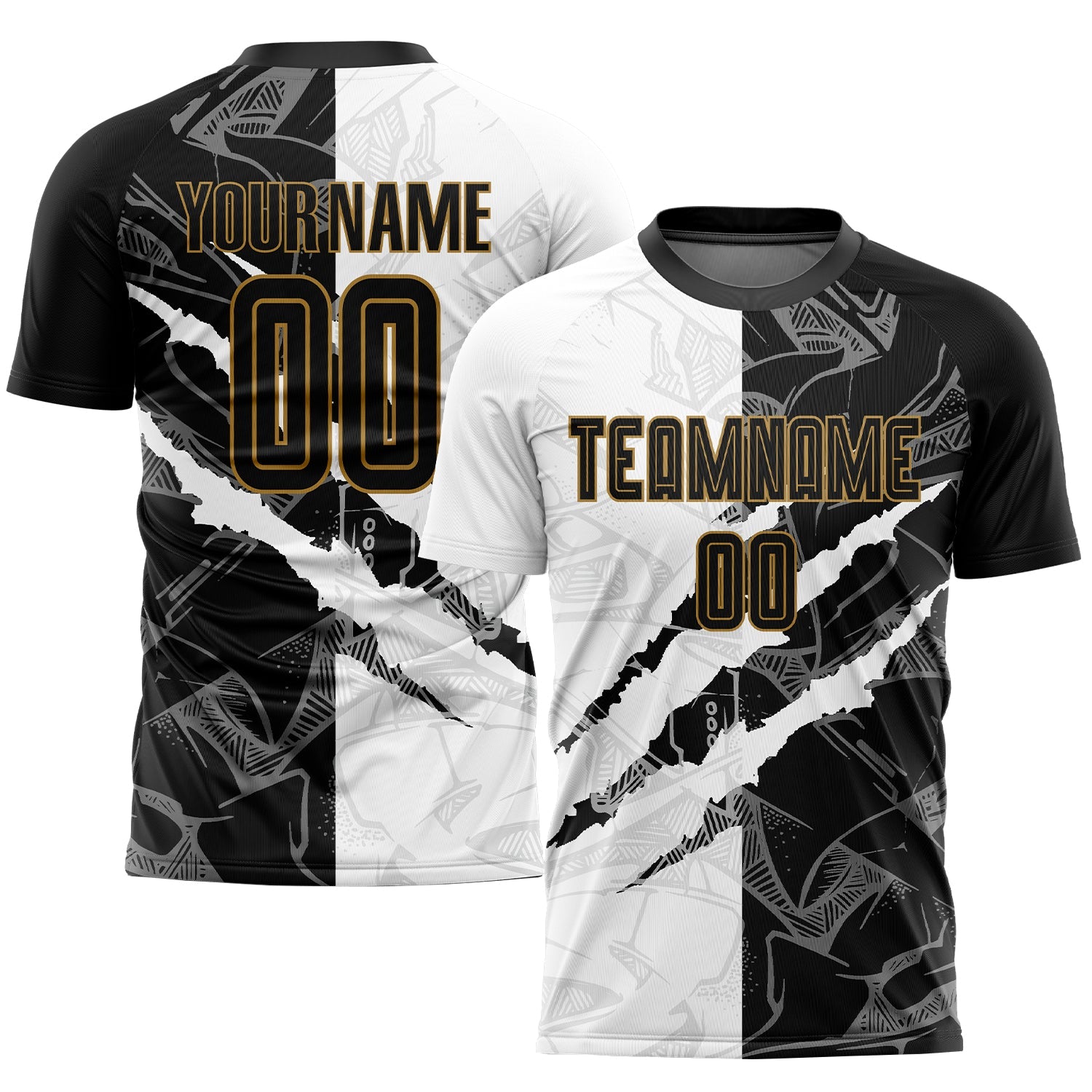 Custom Graffiti Pattern Black-Old Gold Scratch Sublimation Soccer Uniform Jersey - Main View