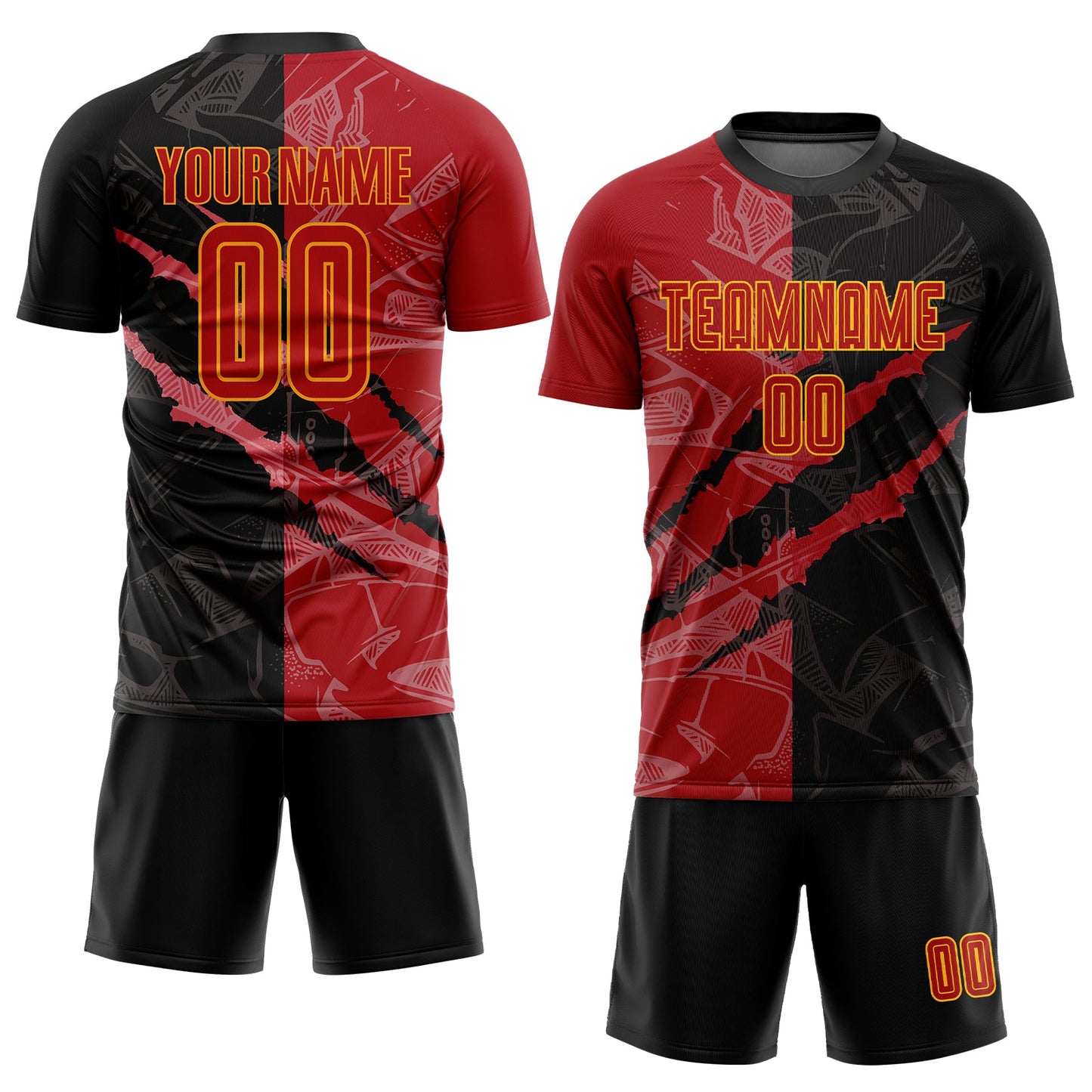 Custom Graffiti Pattern Red-Gold Scratch Sublimation Soccer Uniform Jersey view 2