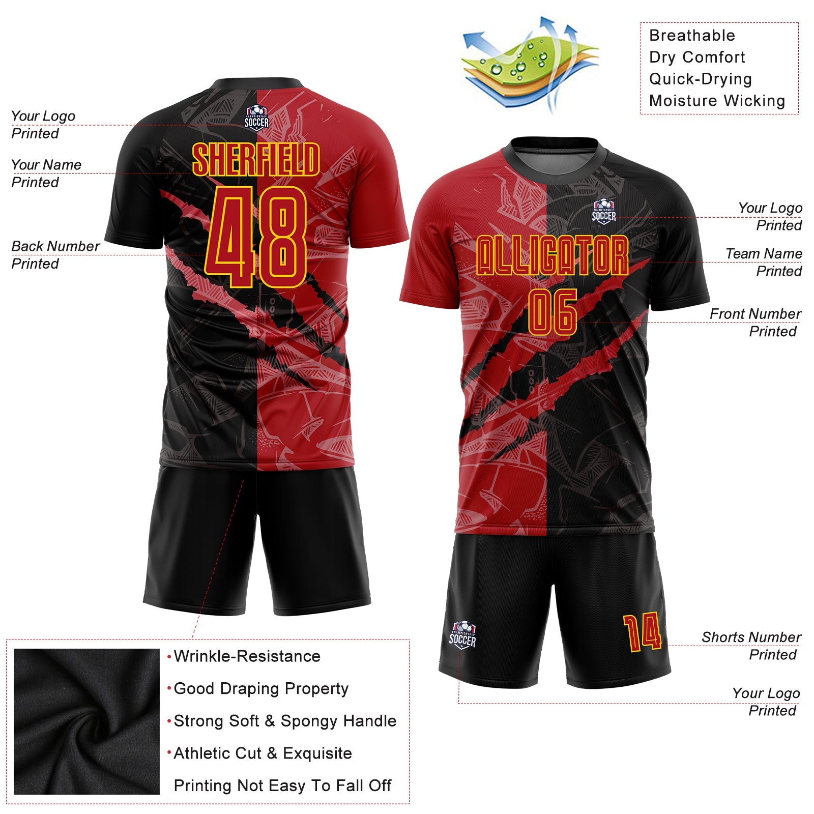 Custom Graffiti Pattern Red-Gold Scratch Sublimation Soccer Uniform Jersey view 3