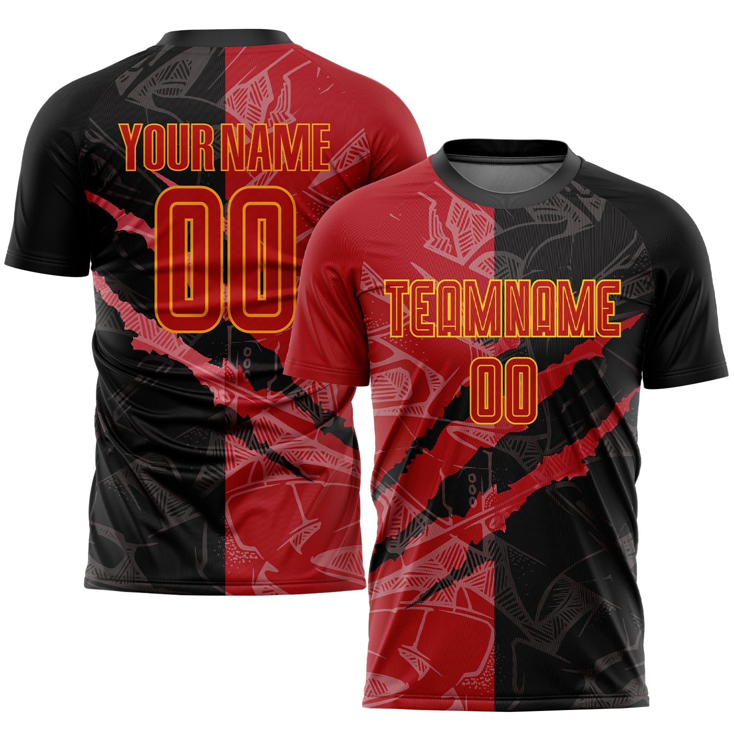 Custom Graffiti Pattern Red-Gold Scratch Sublimation Soccer Uniform Jersey - Main View