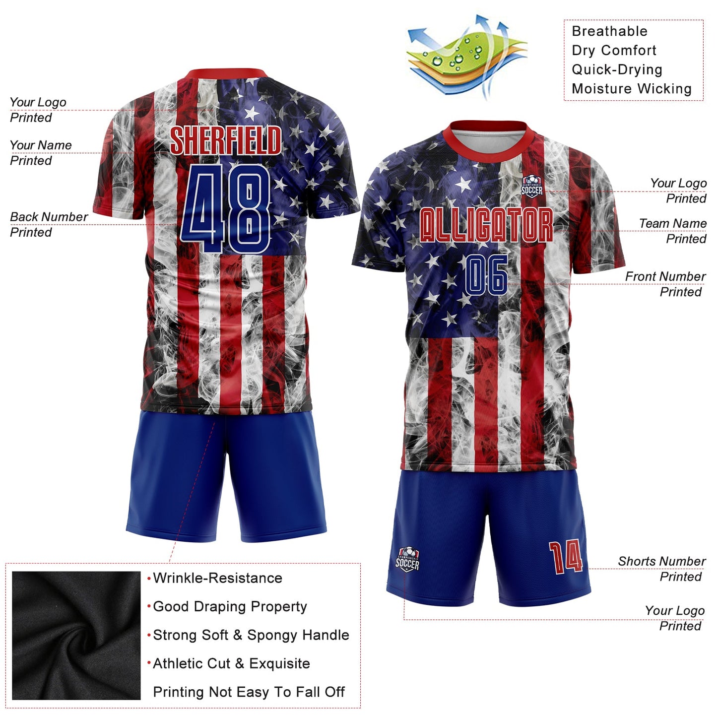 Custom White Royal-Red American Flag Fashion Sublimation Soccer Uniform Jersey view 5