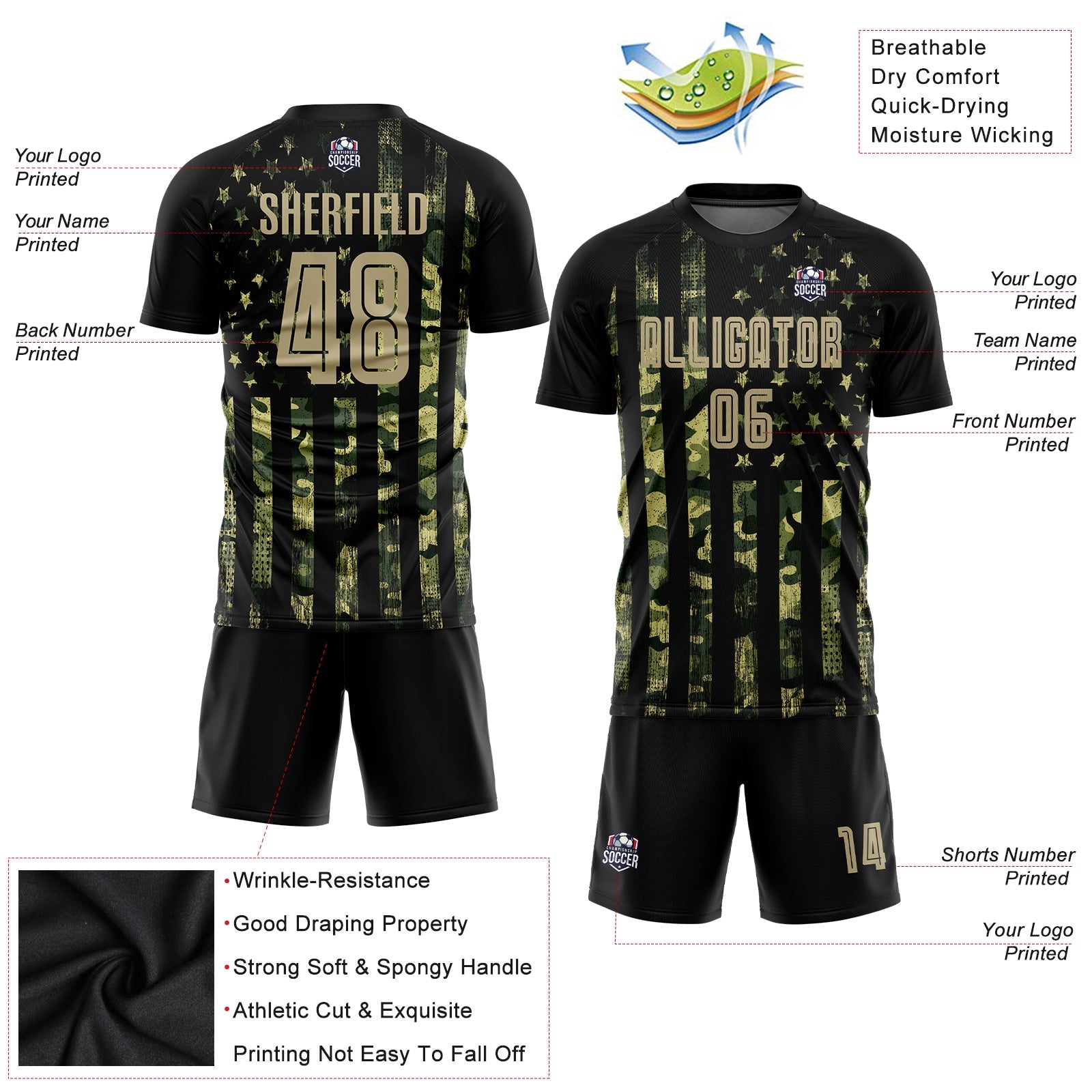 Custom Camo Vegas Gold-Black American Flag Fashion Sublimation Salute To Service Soccer Uniform Jersey view 5