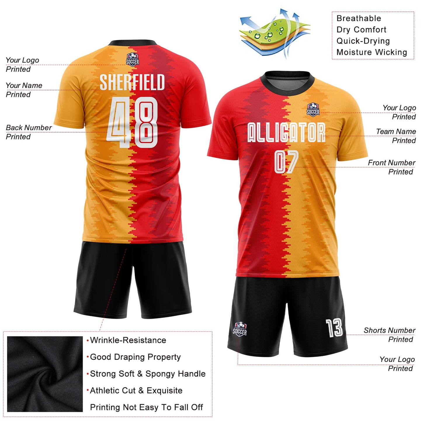 Custom Gold White-Black Sublimation Soccer Uniform Jersey view 3