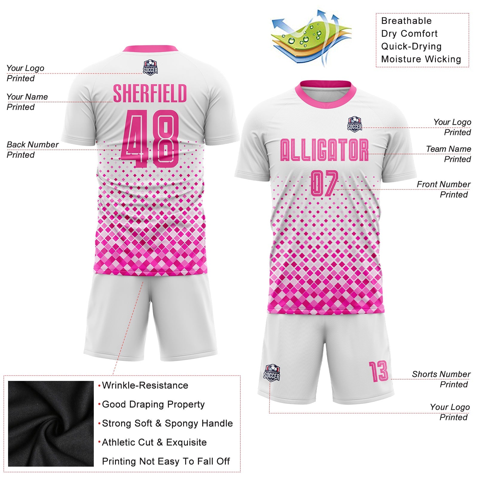 Custom White Pink Sublimation Soccer Uniform Jersey view 5