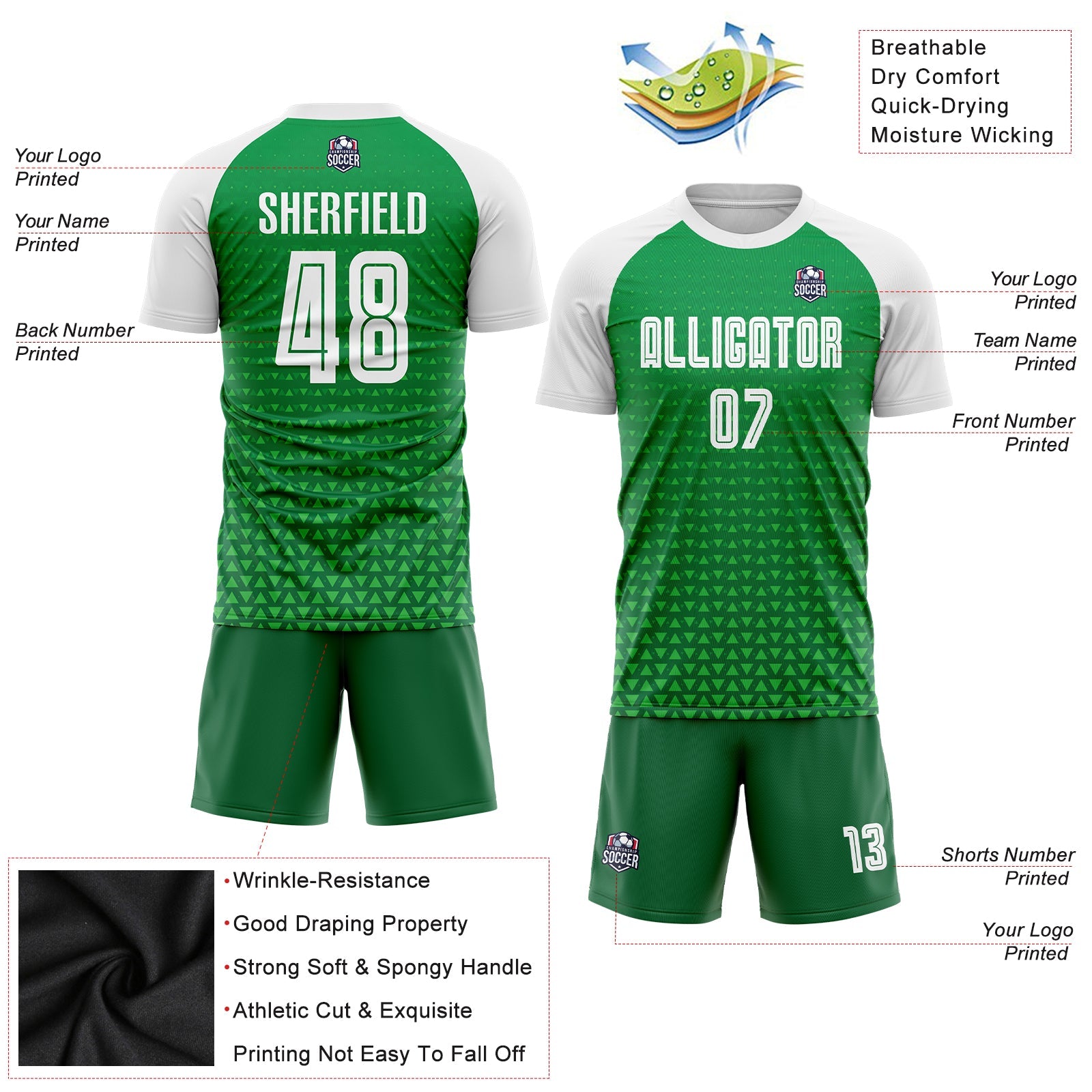 Custom Kelly Green White Sublimation Soccer Uniform Jersey view 3