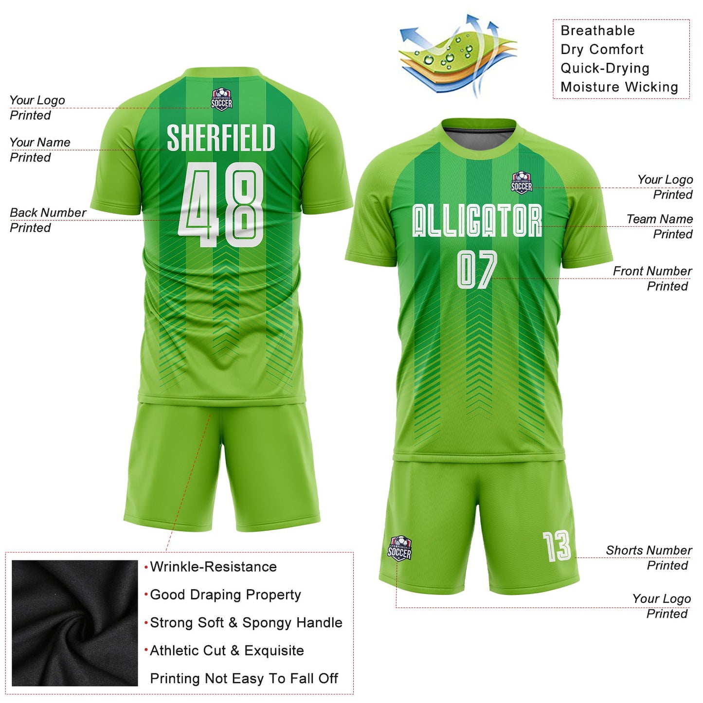 Custom Neon Green White-Kelly Green Sublimation Soccer Uniform Jersey view 5