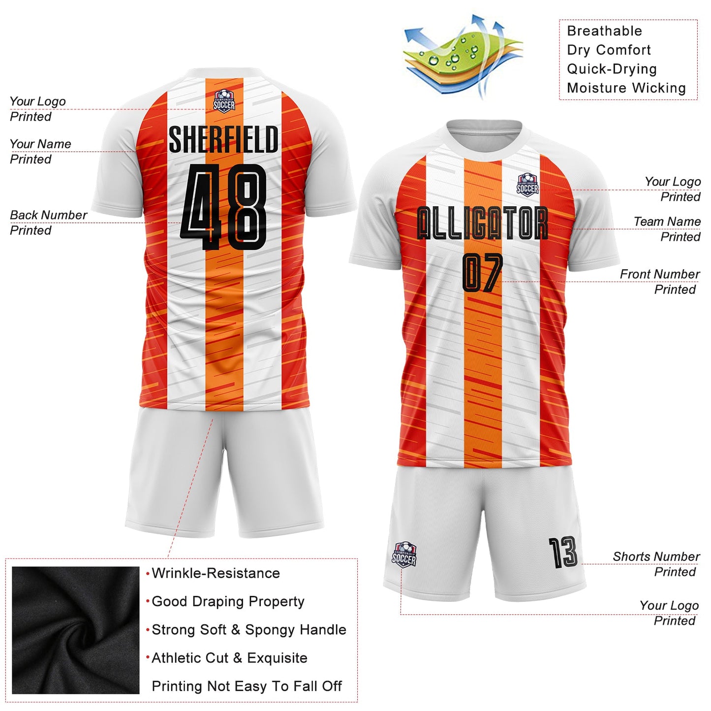 Custom White Black-Orange Sublimation Soccer Uniform Jersey view 5