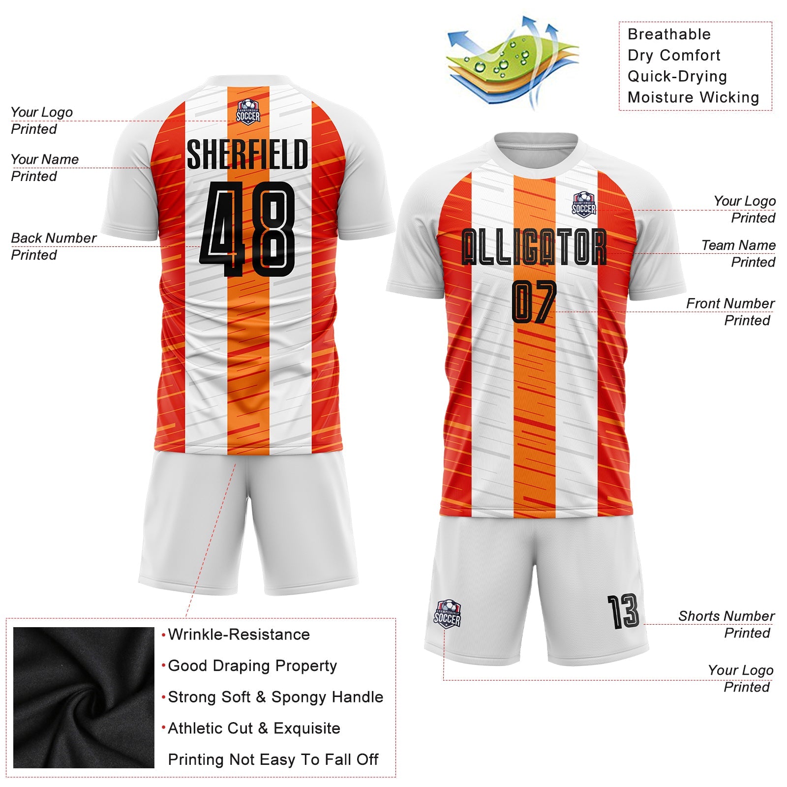 Custom White Black-Orange Sublimation Soccer Uniform Jersey view 5