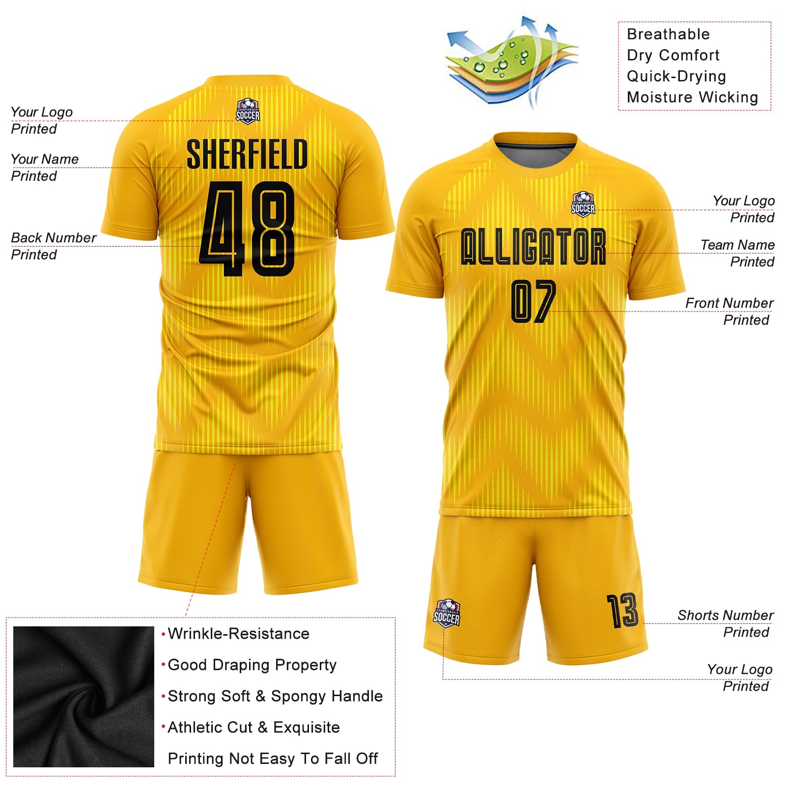 Custom Gold Black Sublimation Soccer Uniform Jersey view 3