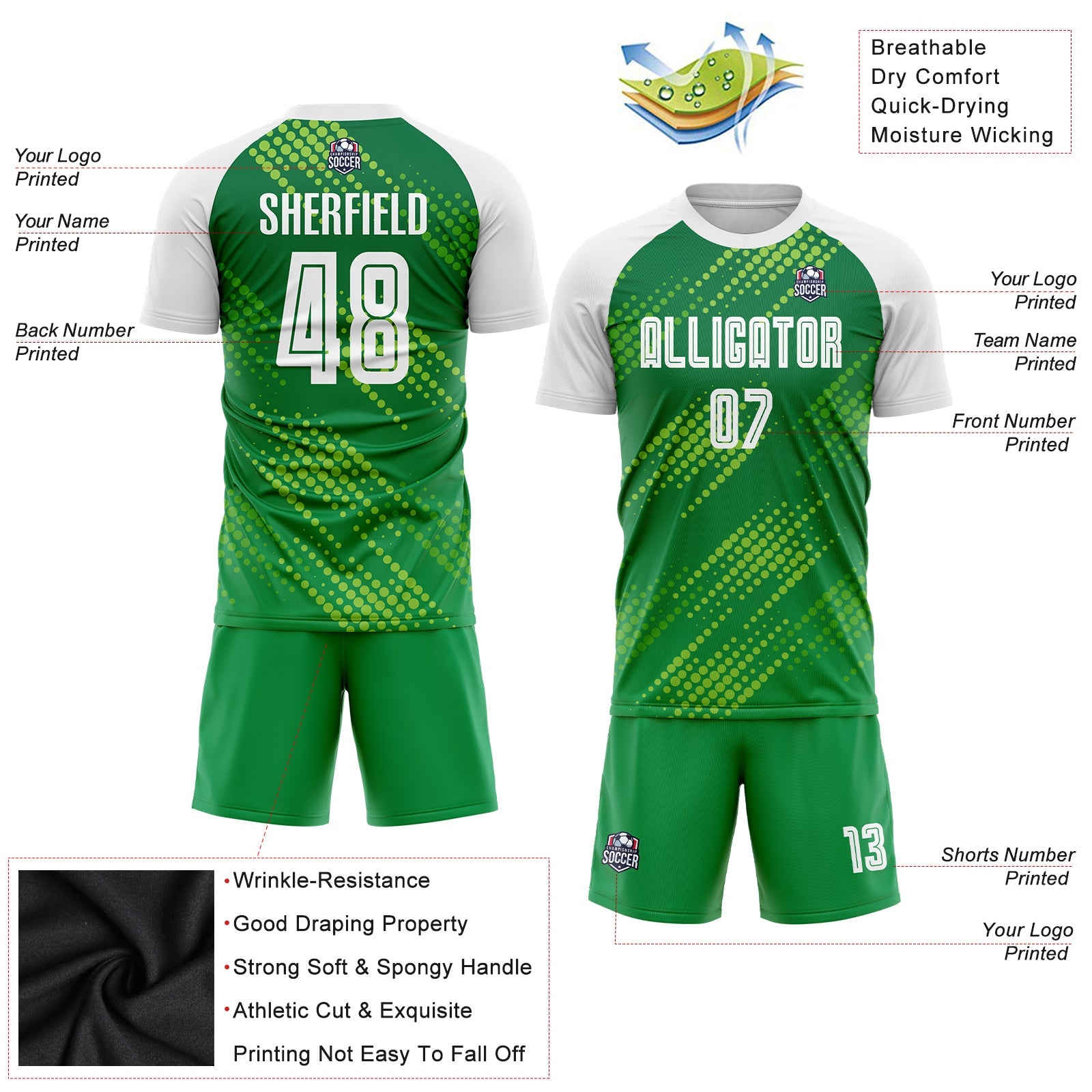 Custom Neon Green White-Kelly Green Sublimation Soccer Uniform Jersey view 3