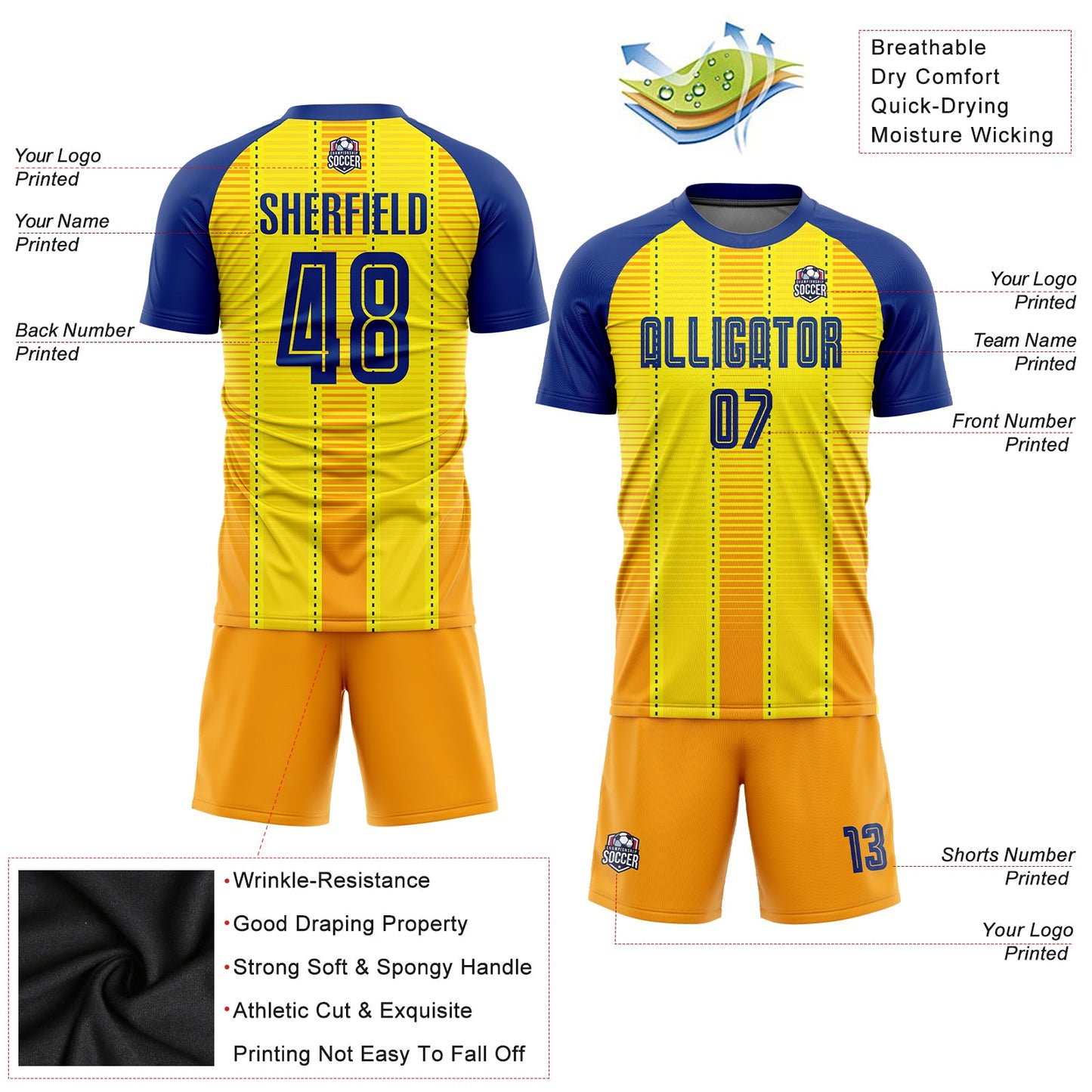 Custom Gold Royal-Orange Sublimation Soccer Uniform Jersey view 3