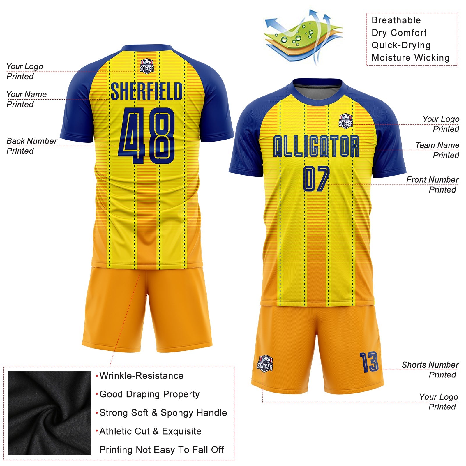 Custom Gold Royal-Orange Sublimation Soccer Uniform Jersey view 3