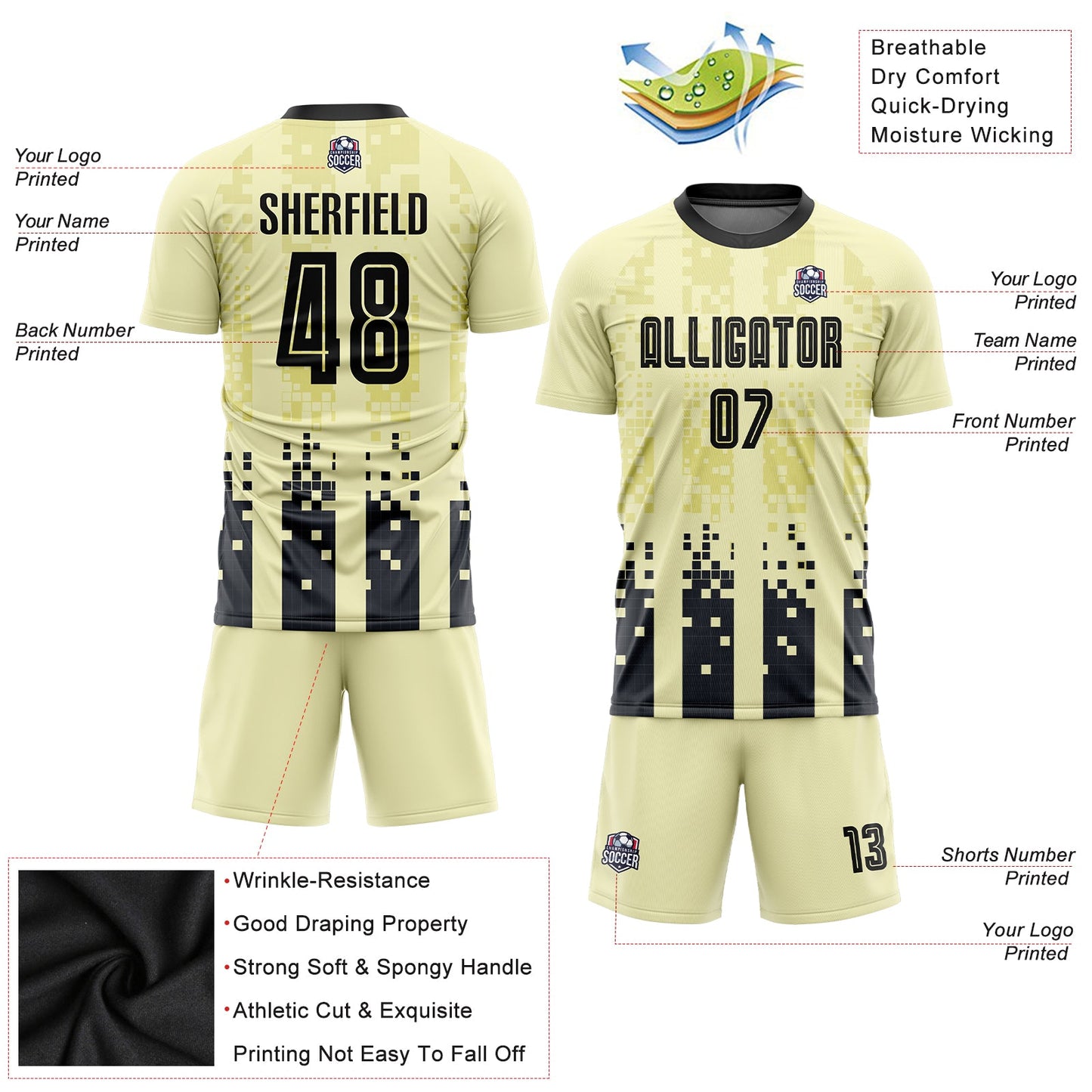 Custom Cream Black Home Sublimation Soccer Uniform Jersey view 3