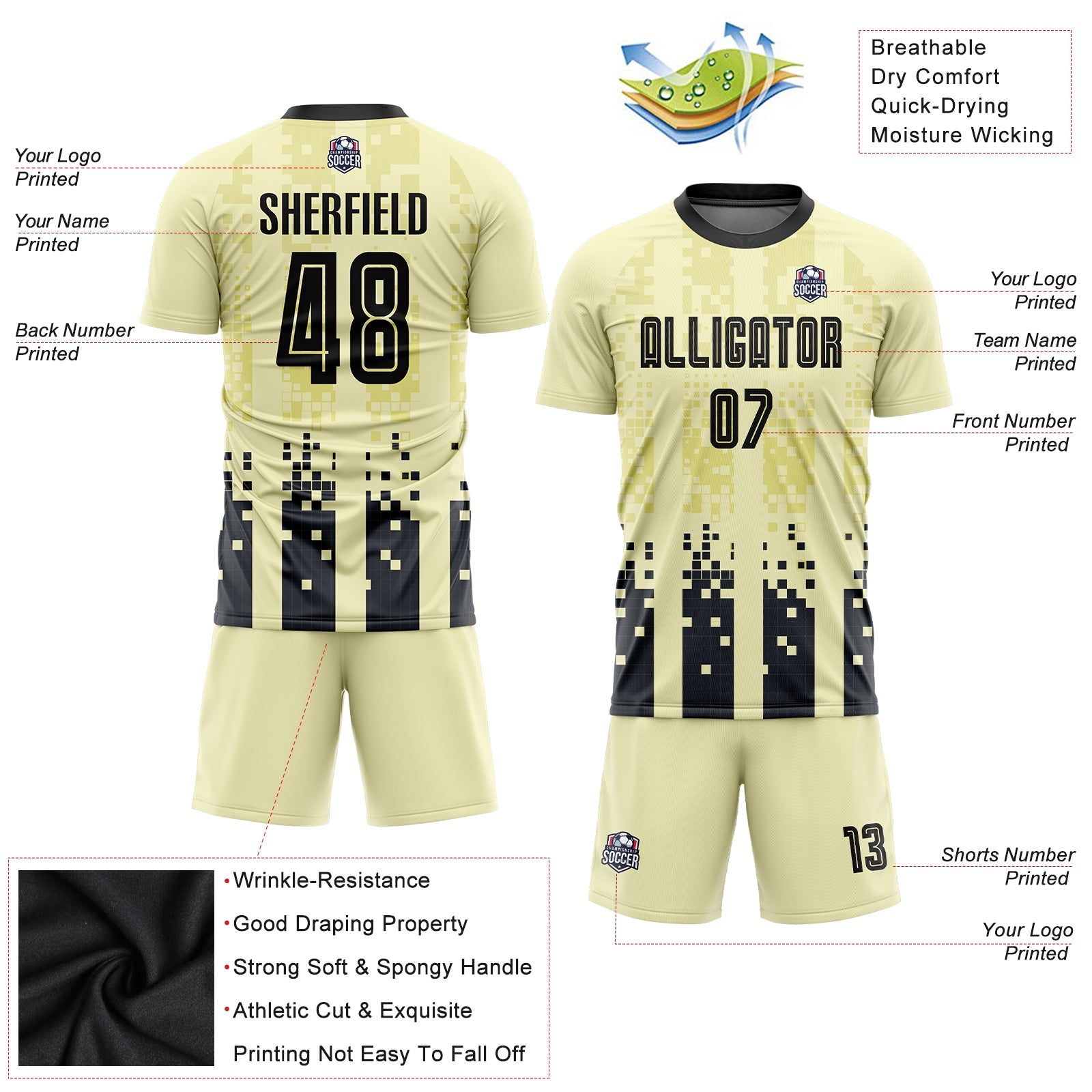 Custom Cream Black Home Sublimation Soccer Uniform Jersey view 3