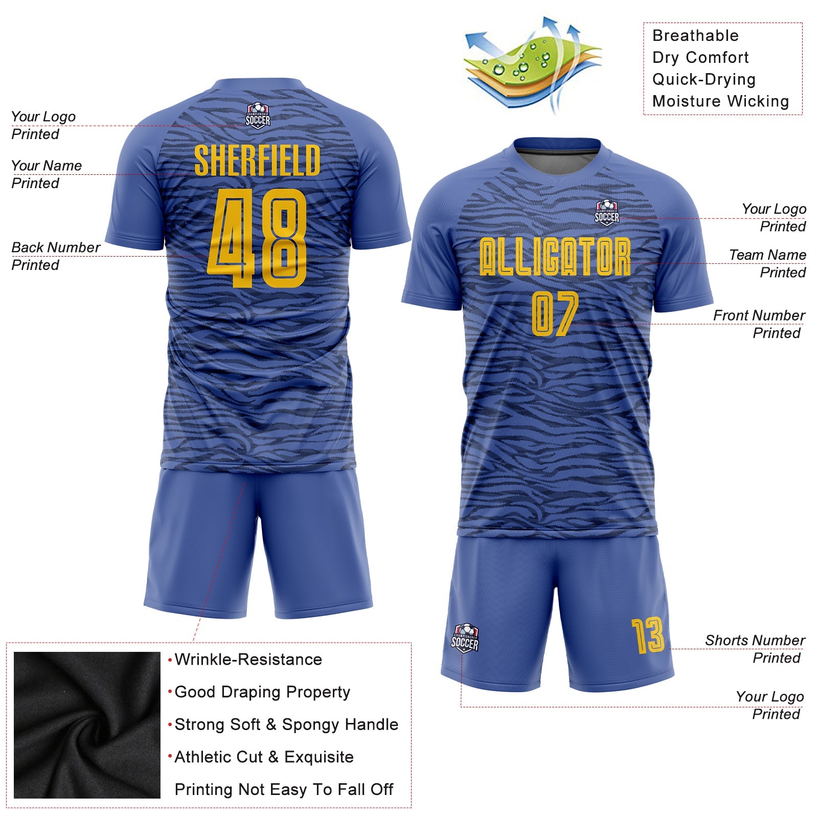 Custom Light Blue Gold-Black Third Sublimation Soccer Uniform Jersey view 3