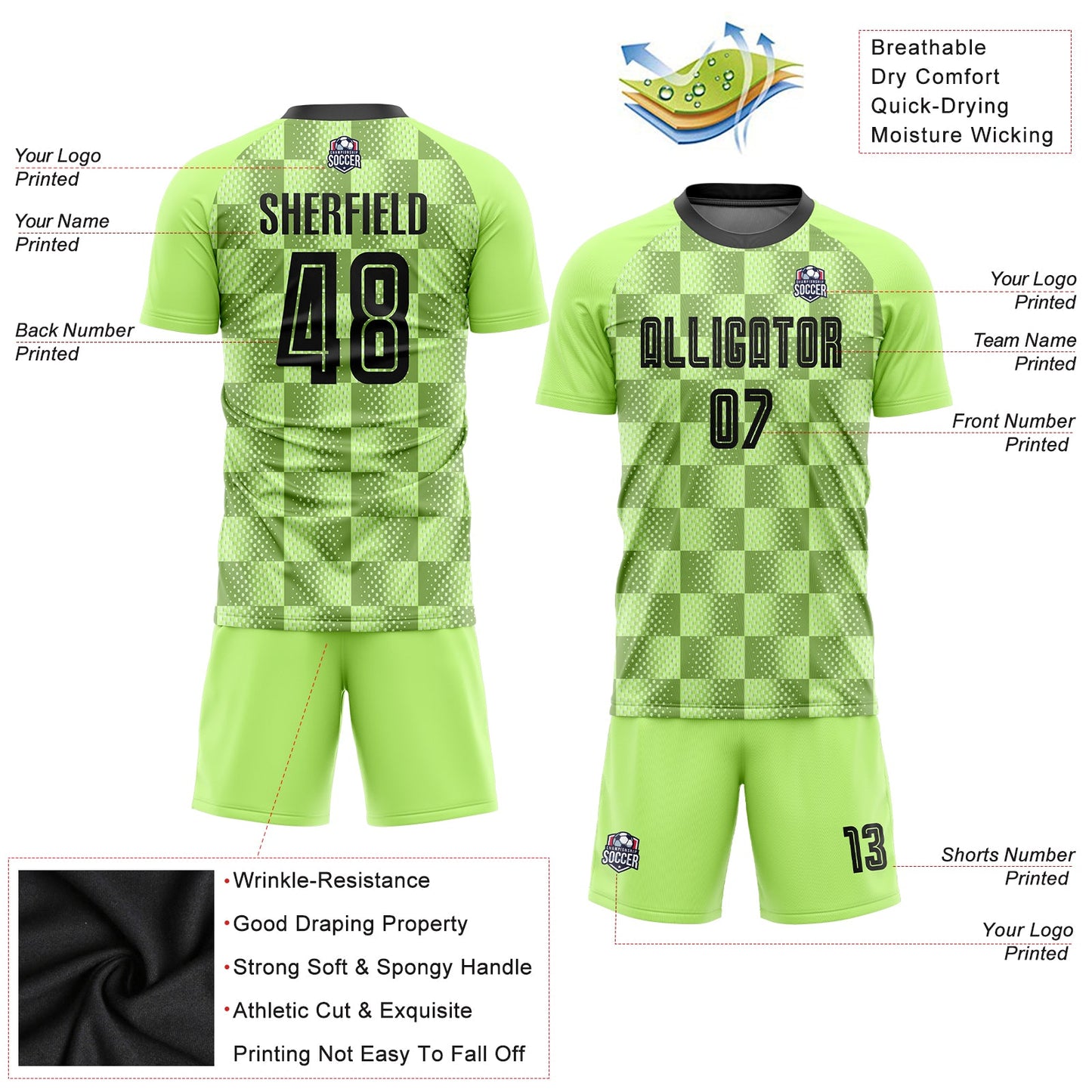 Custom Neon Green Black Third Sublimation Soccer Uniform Jersey view 3