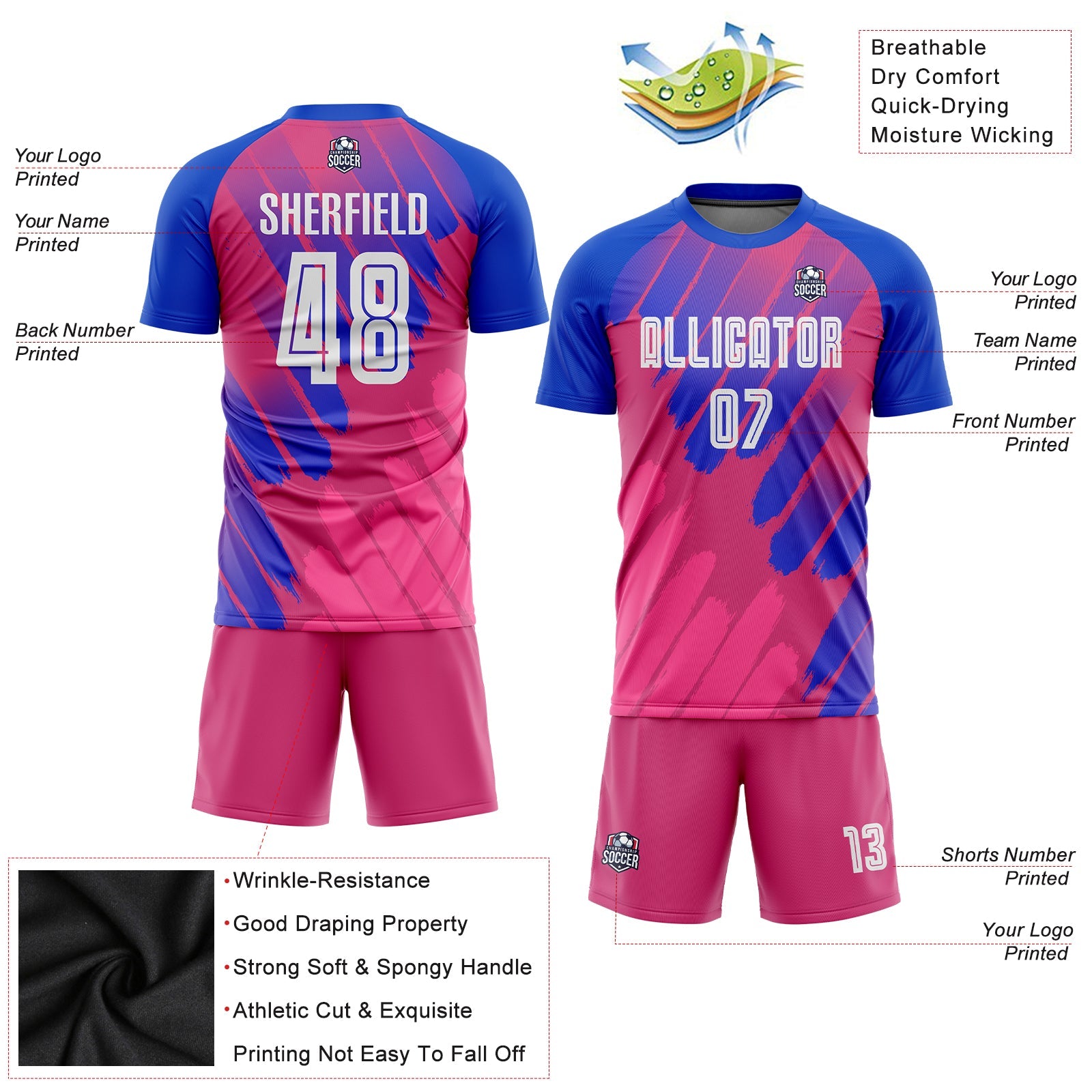 Custom Pink White-Royal Third Sublimation Soccer Uniform Jersey view 3