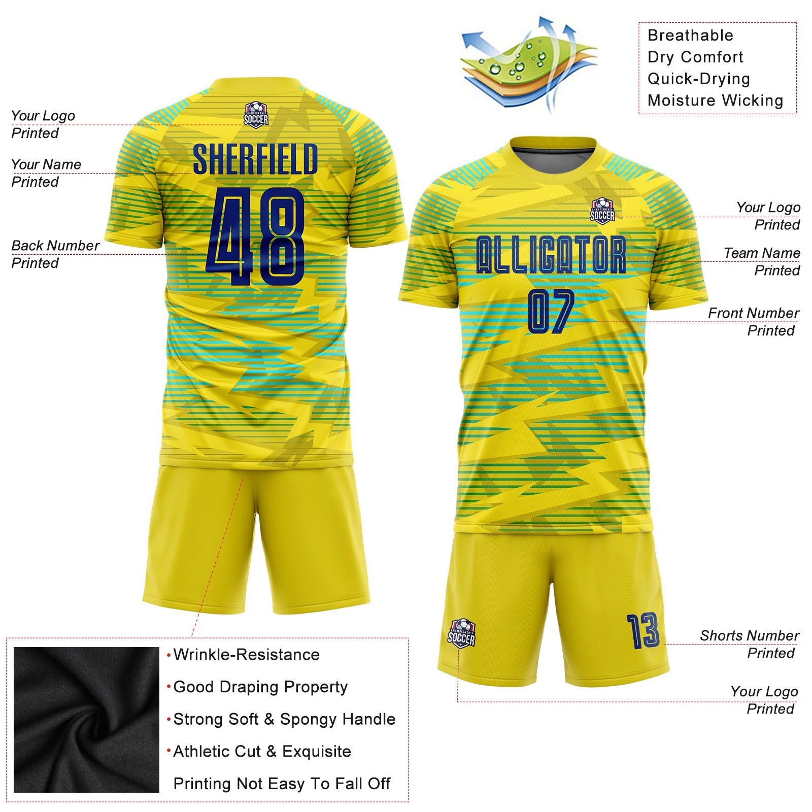 Custom Gold Royal-Light Blue Away Sublimation Soccer Uniform Jersey view 5