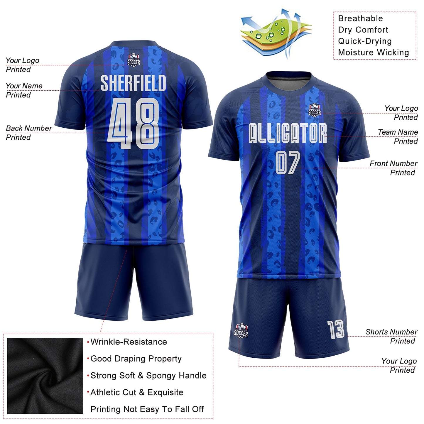 Custom Navy White-Royal Away Sublimation Soccer Uniform Jersey view 3