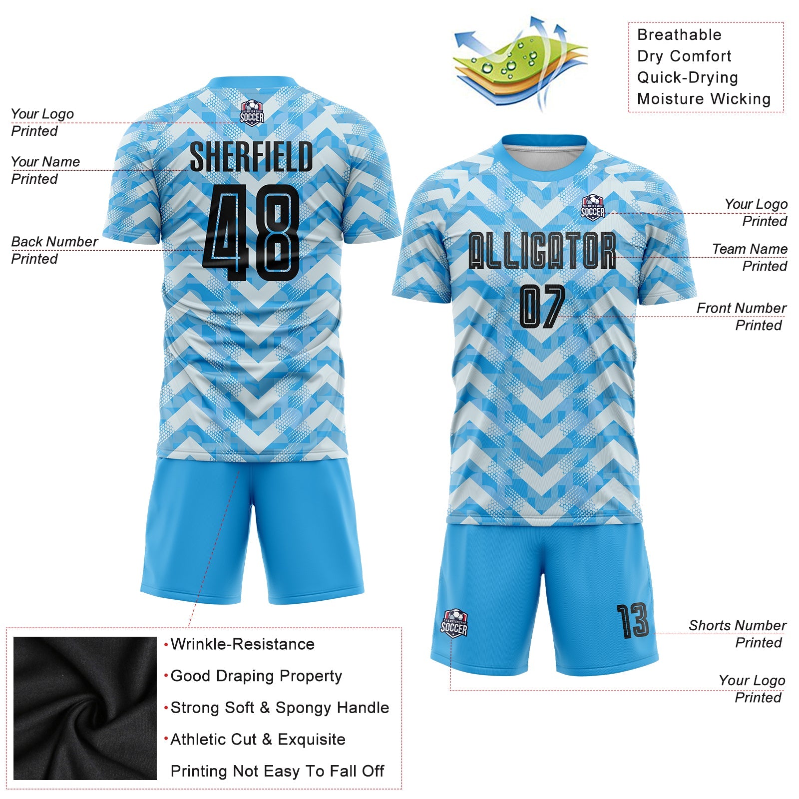 Custom Light Blue Black-White Home Sublimation Soccer Uniform Jersey view 5