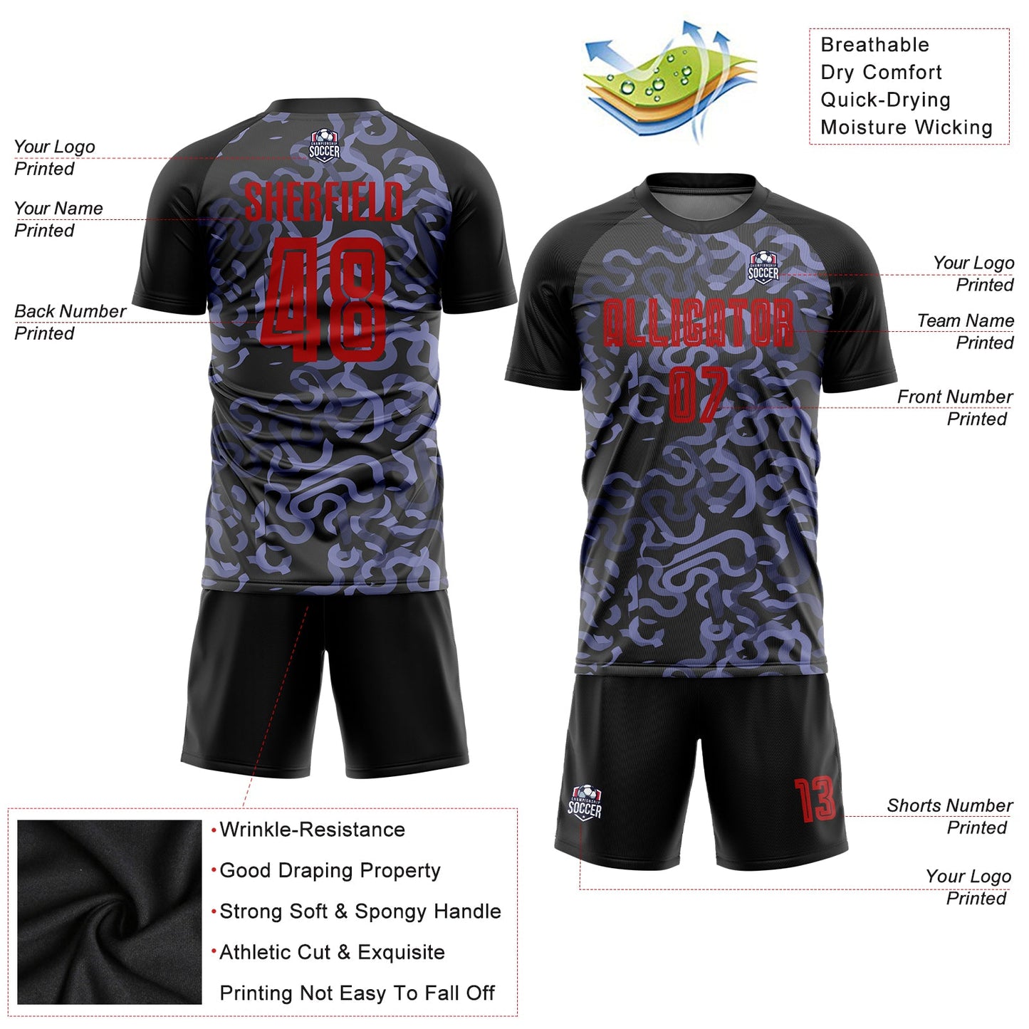 Custom Black Red-Purple Third Sublimation Soccer Uniform Jersey view 3