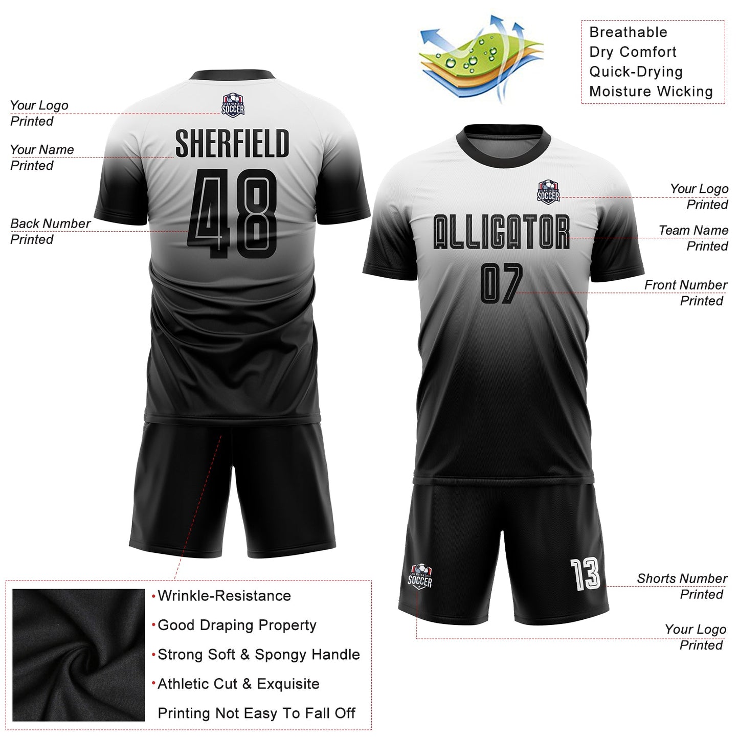 Custom White Black Sublimation Fade Fashion Soccer Uniform Jersey view 6