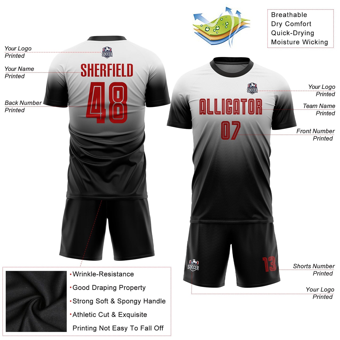 Custom White Red-Black Sublimation Fade Fashion Soccer Uniform Jersey view 3
