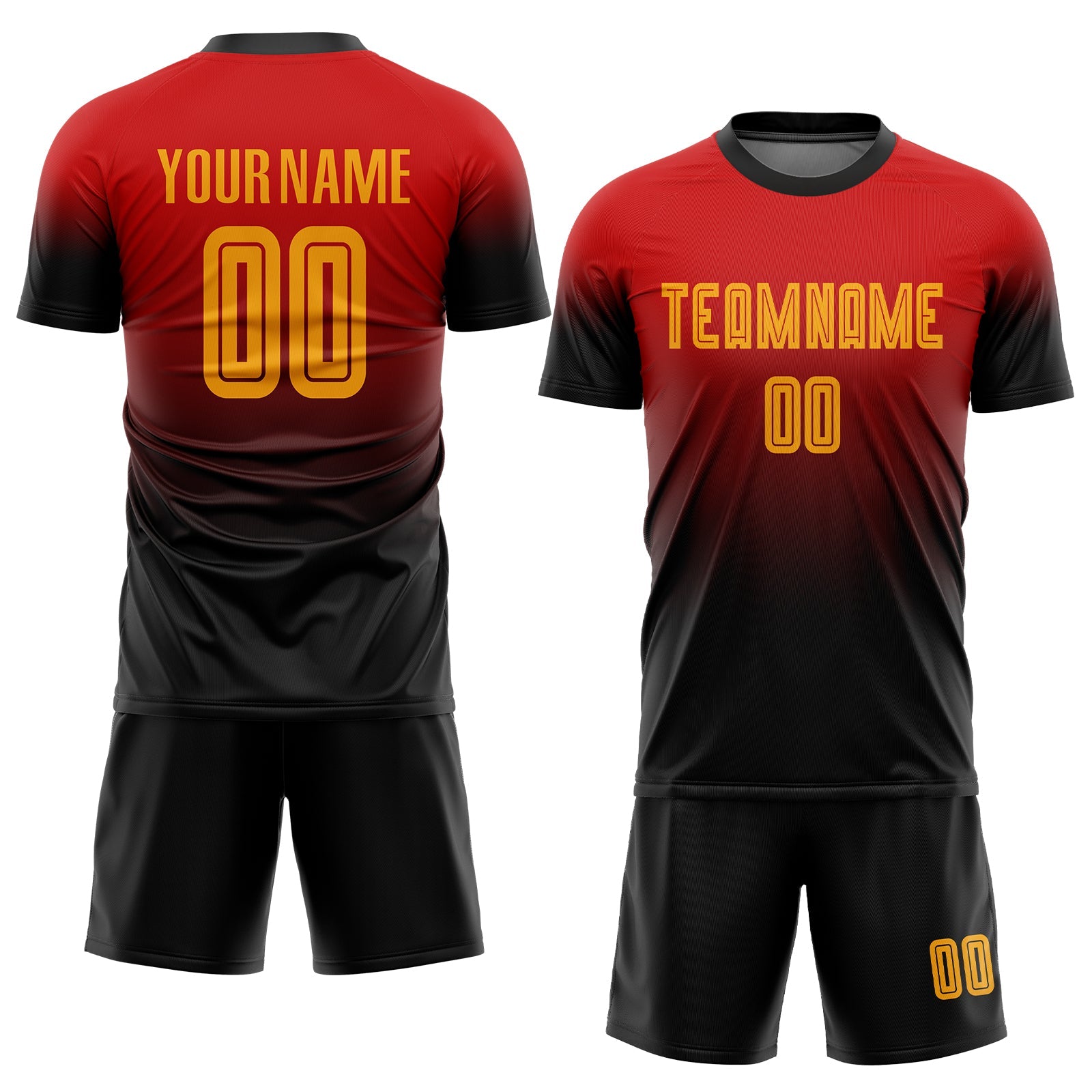 Custom Red Gold-Black Sublimation Fade Fashion Soccer Uniform Jersey view 2