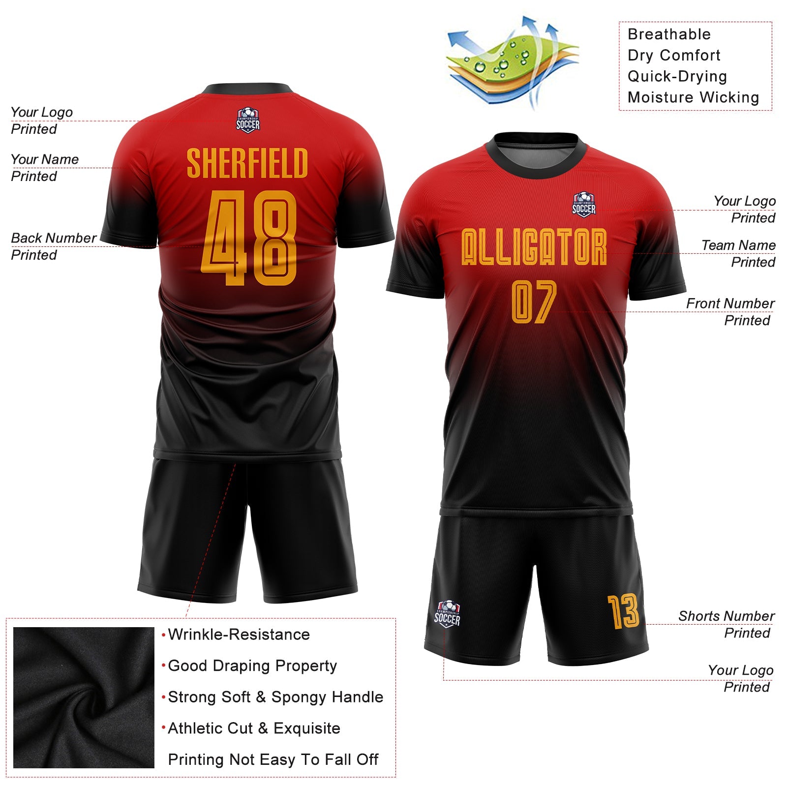 Custom Red Gold-Black Sublimation Fade Fashion Soccer Uniform Jersey view 3