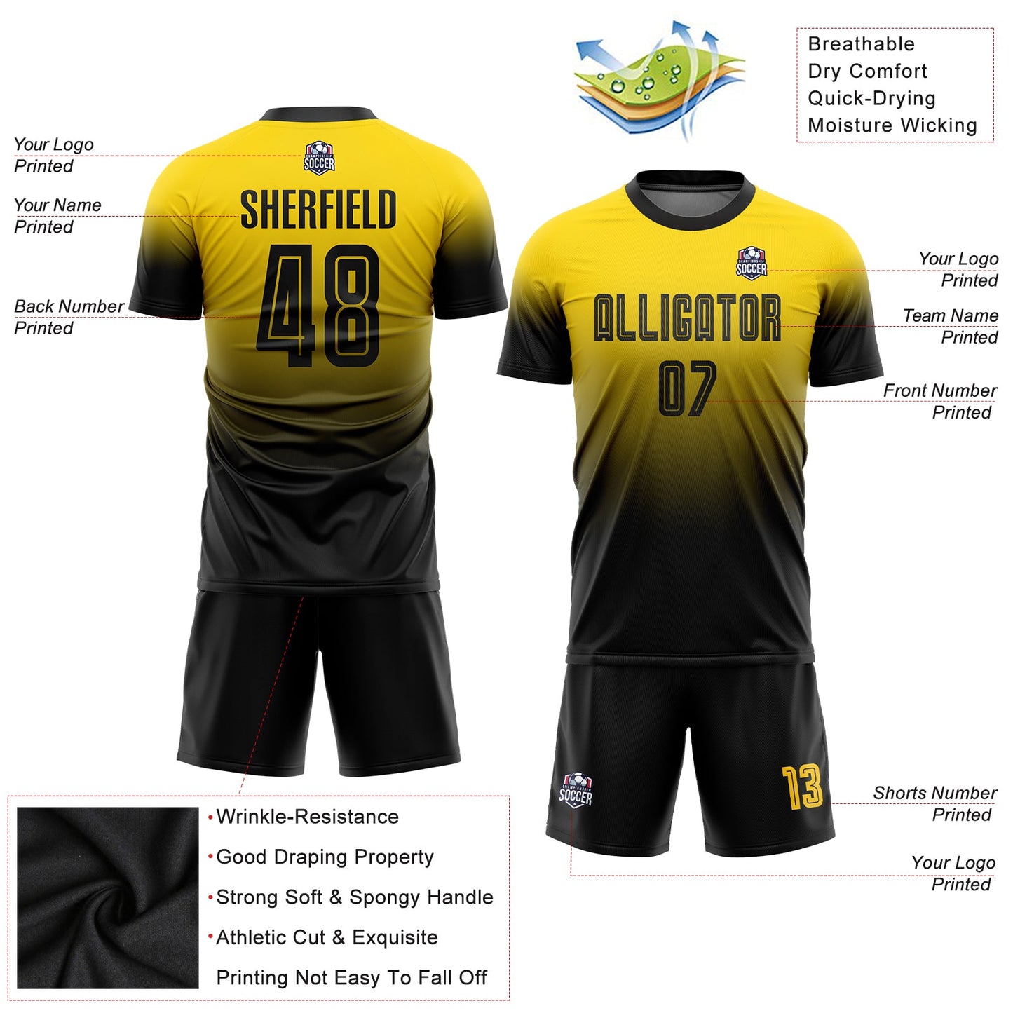 Custom Gold Black Sublimation Fade Fashion Soccer Uniform Jersey view 3