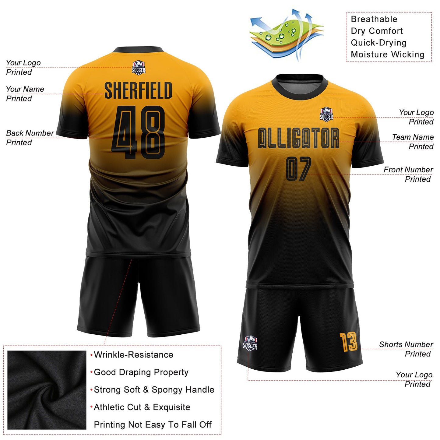 Custom Gold Black Sublimation Fade Fashion Soccer Uniform Jersey view 3