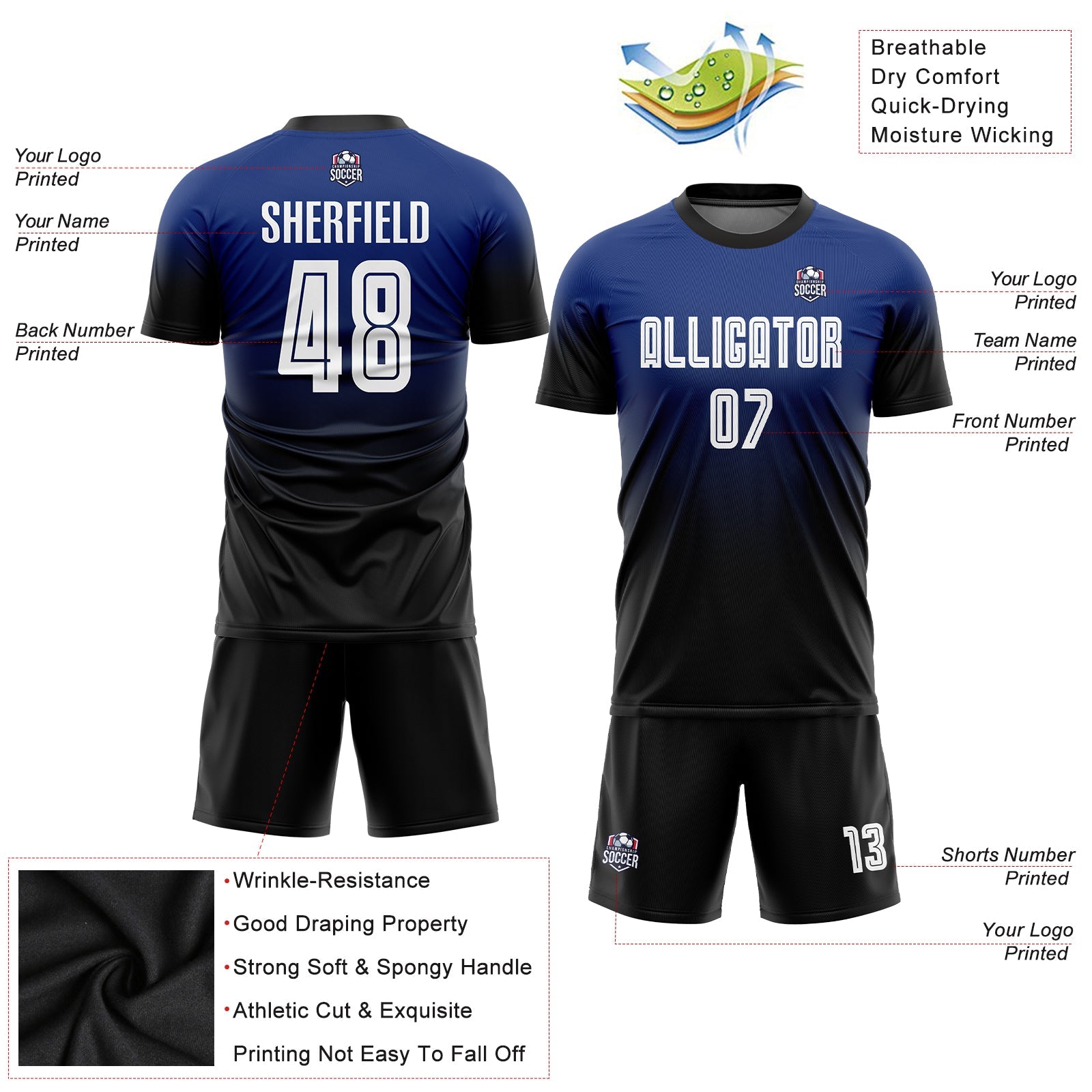 Custom Royal White-Black Sublimation Fade Fashion Soccer Uniform Jersey view 6