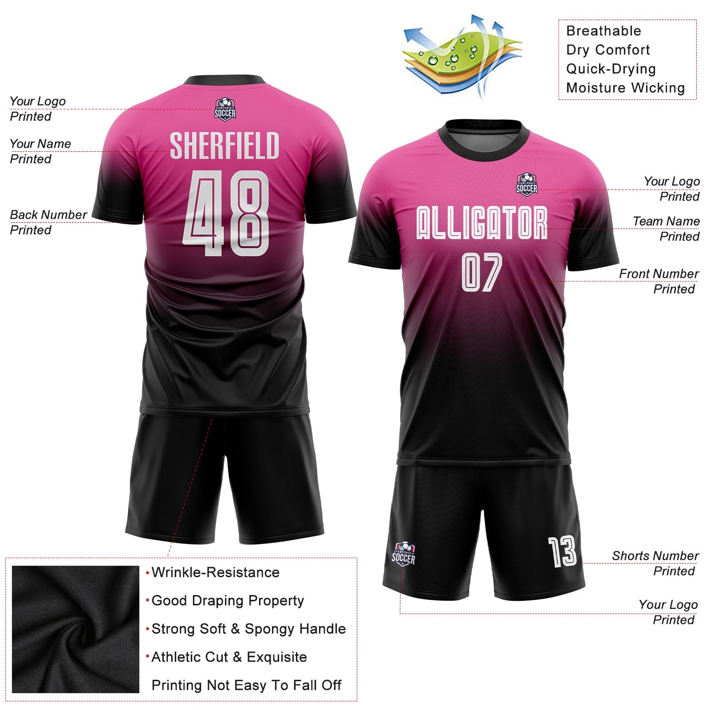 Custom Pink White-Black Sublimation Fade Fashion Soccer Uniform Jersey view 6