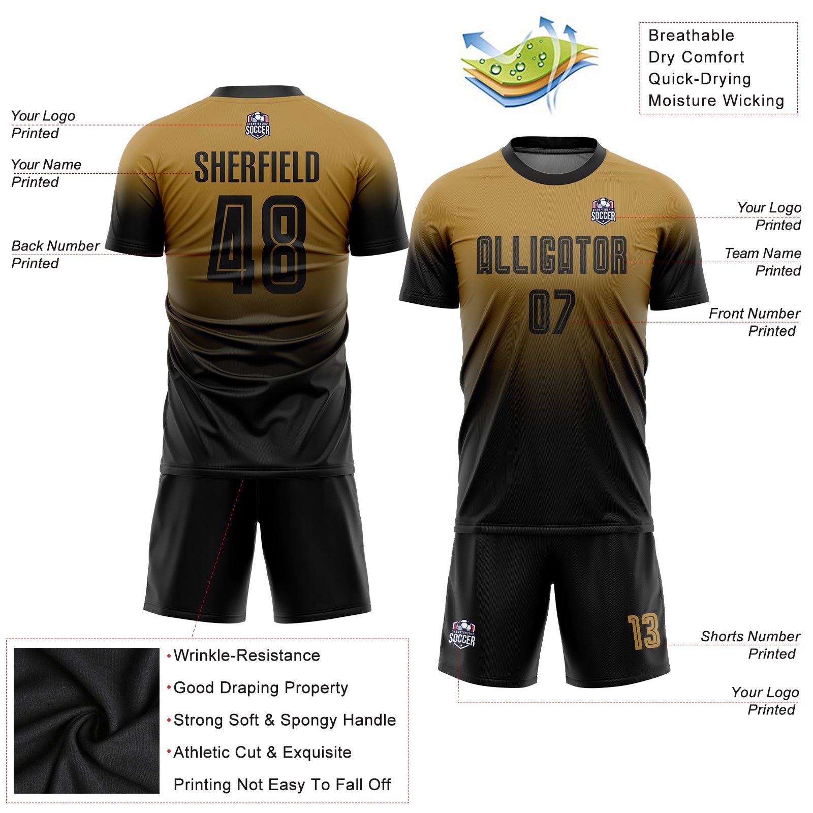 Custom Old Gold Black Sublimation Fade Fashion Soccer Uniform Jersey view 3