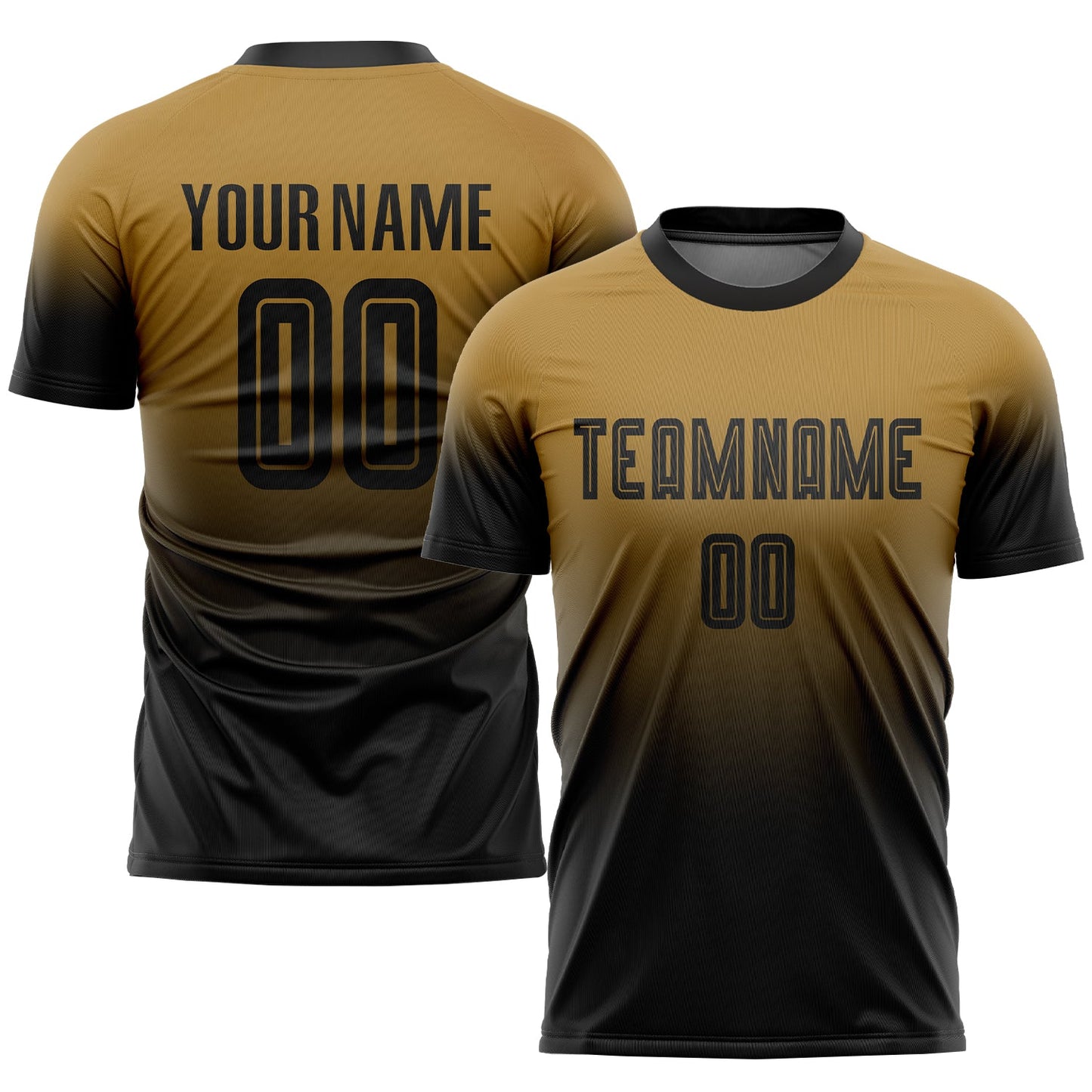 Custom Old Gold Black Sublimation Fade Fashion Soccer Uniform Jersey - Main View